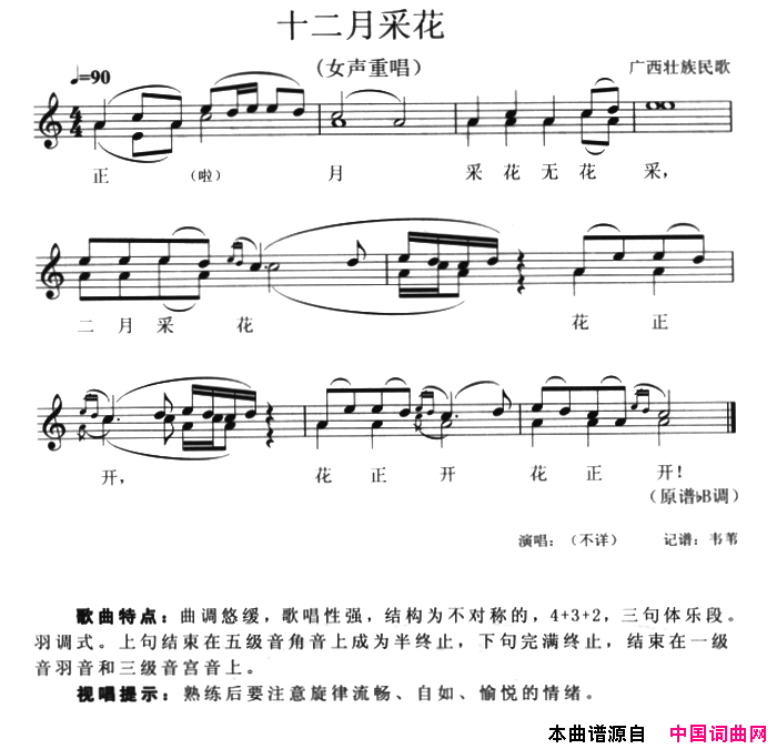 十二月采花女声重唱、五线谱简谱1