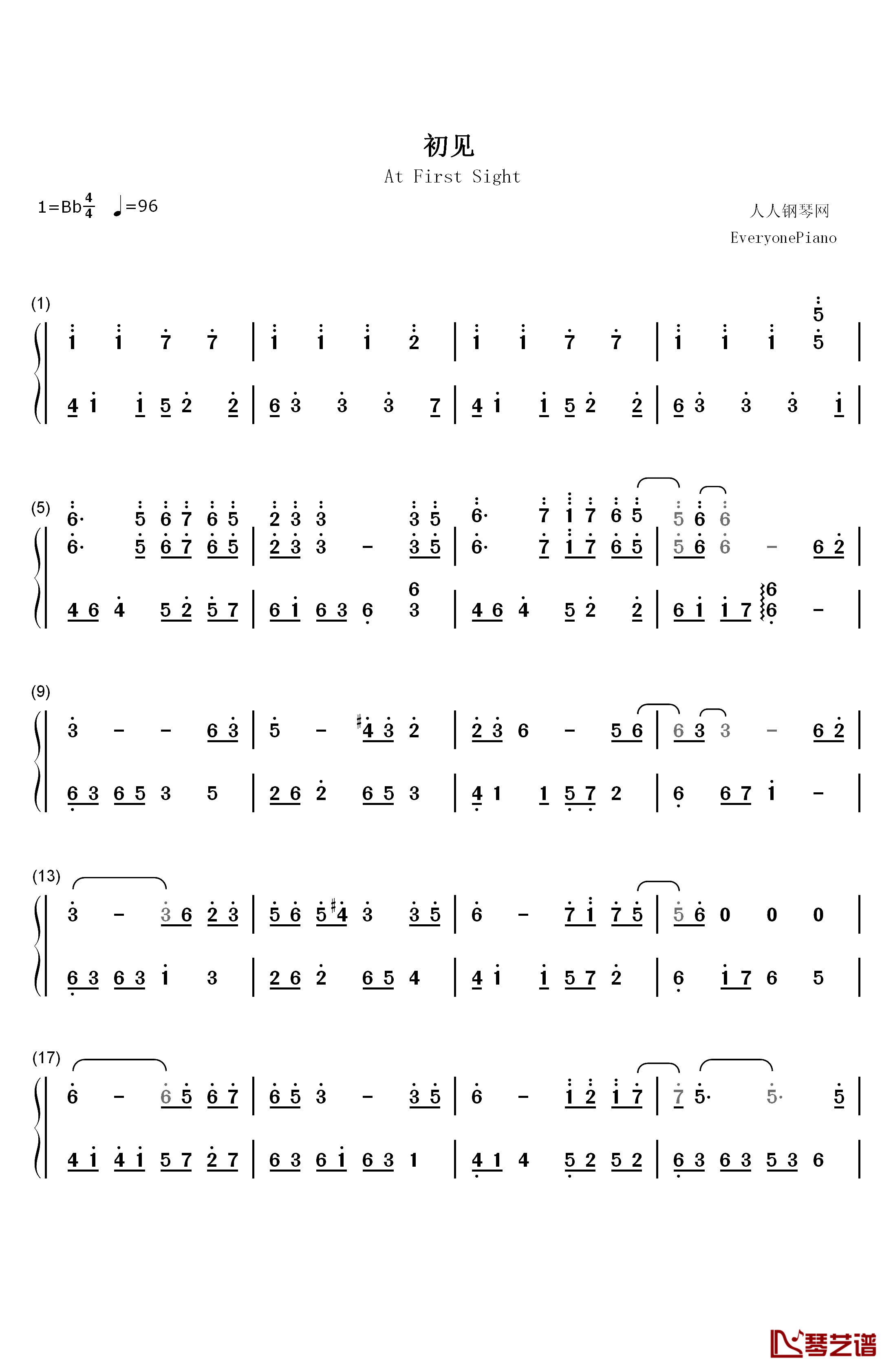 初见钢琴简谱-数字双手-余昭源 叶里1