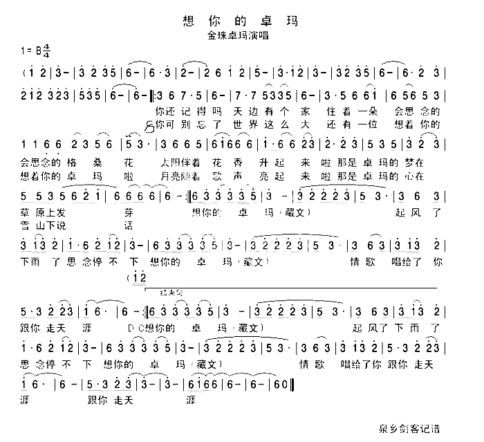 想你的卓玛简谱-金珠卓玛演唱1