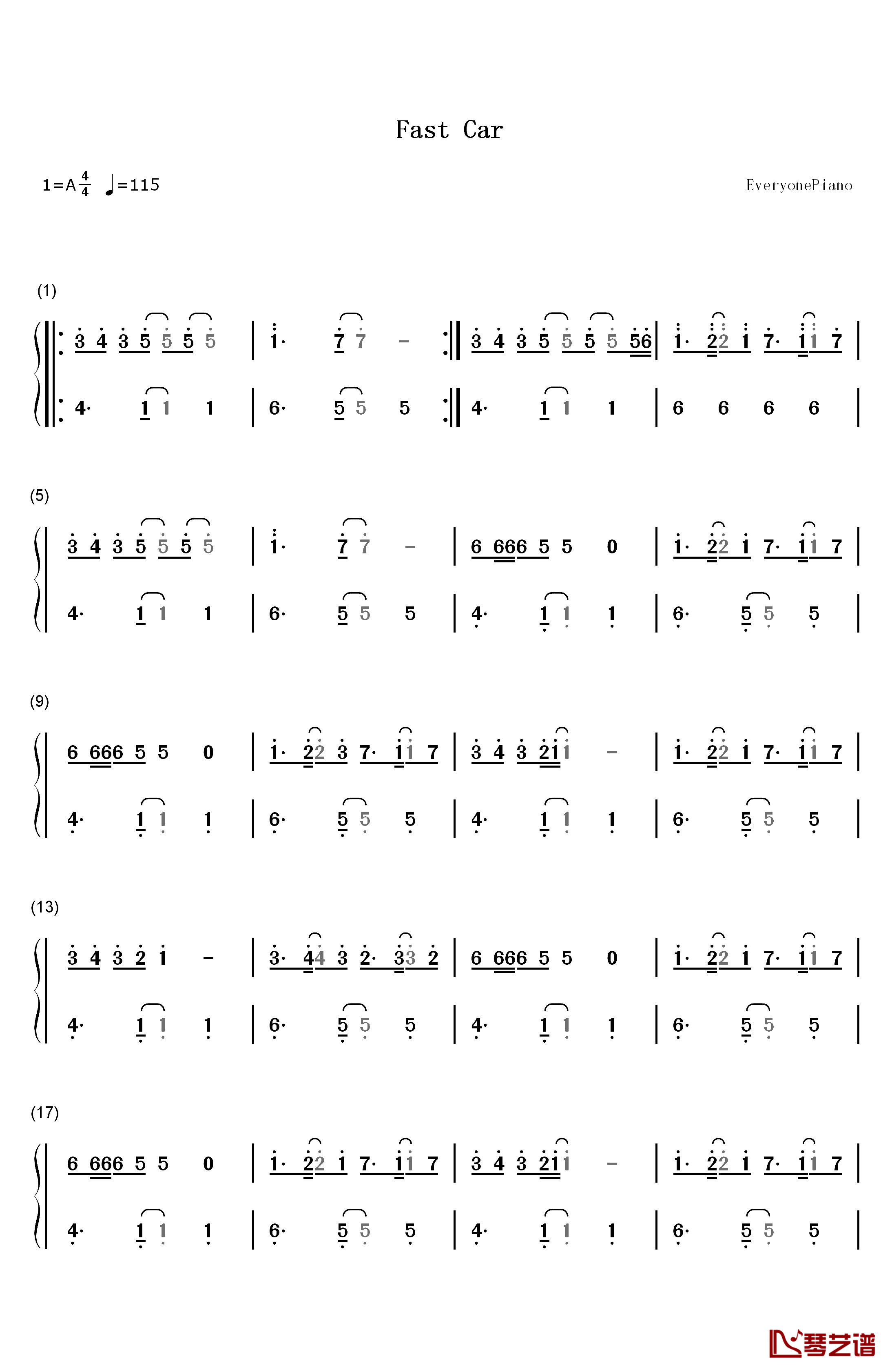 Fast Car钢琴简谱-数字双手-Jonas Blue1