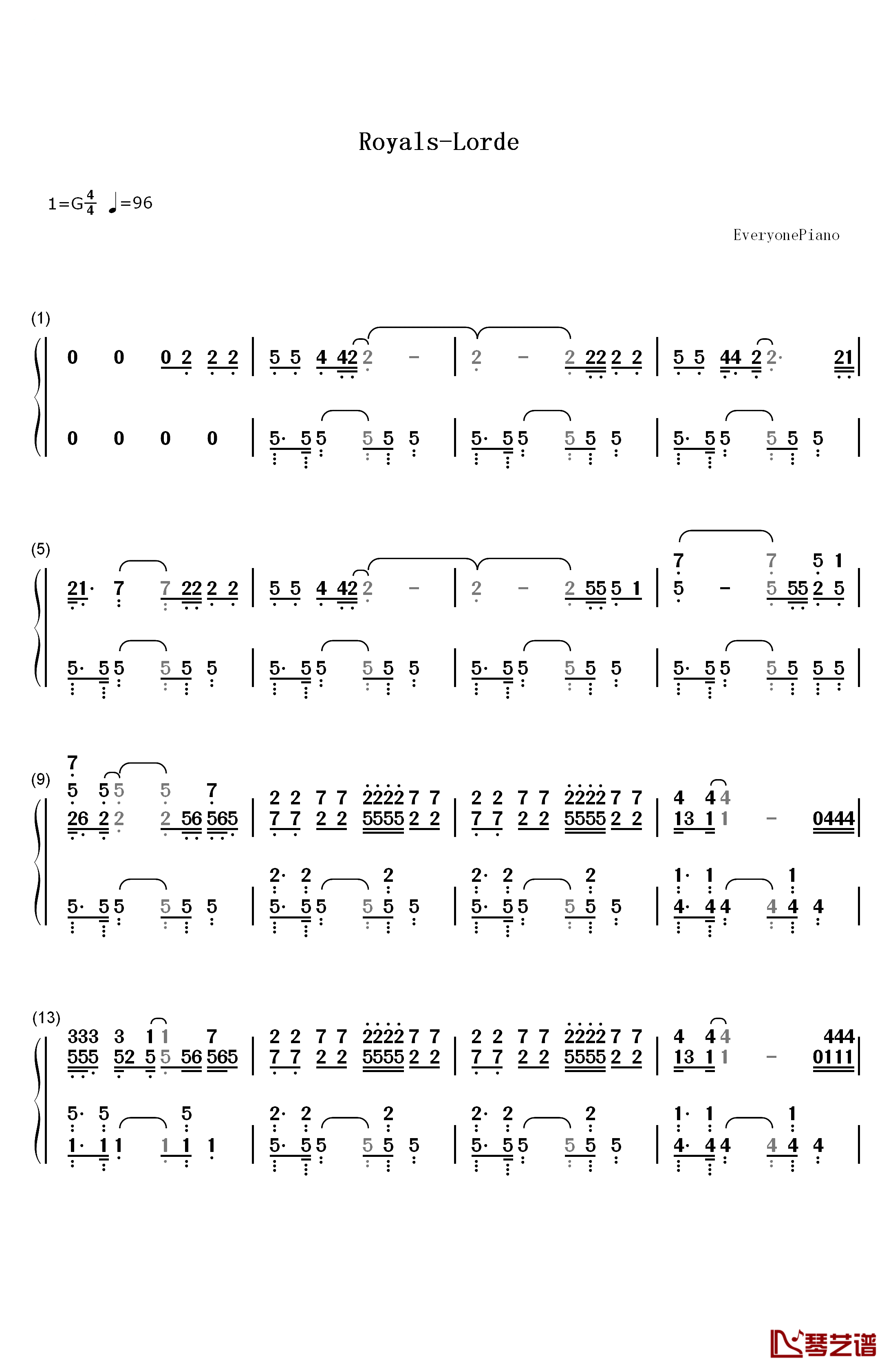Royals钢琴简谱-数字双手-Lorde1