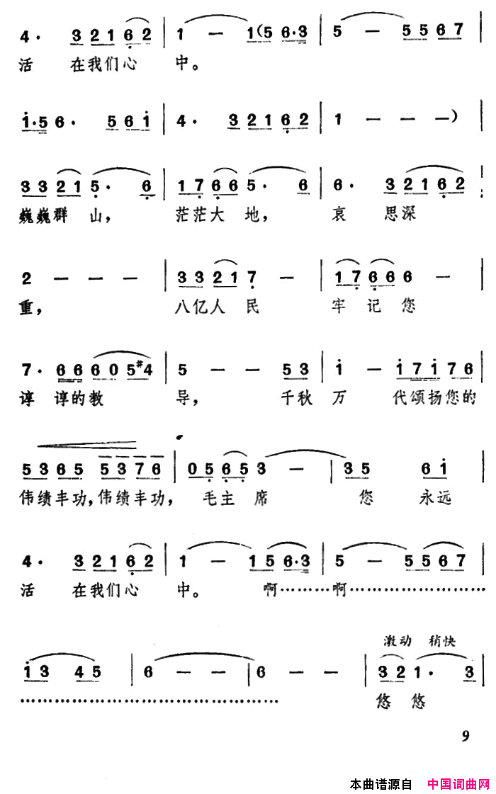 毛主席，您永远活在我们心中简谱1