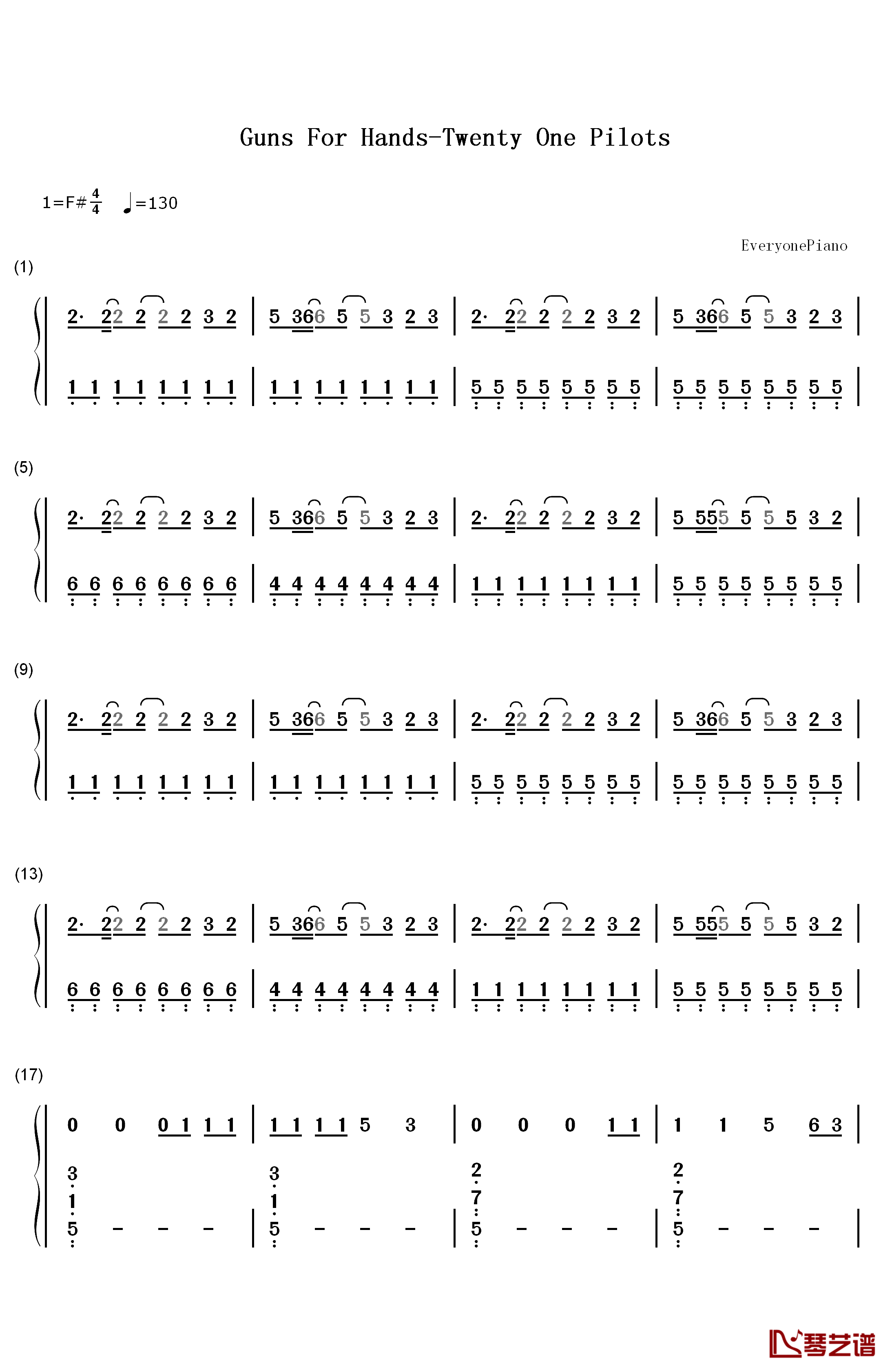 Guns for Hands钢琴简谱-数字双手-Twenty One Pilots1