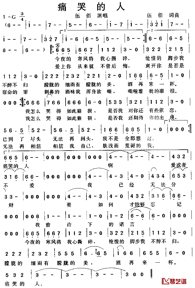 痛哭的人简谱 -伍佰演唱1