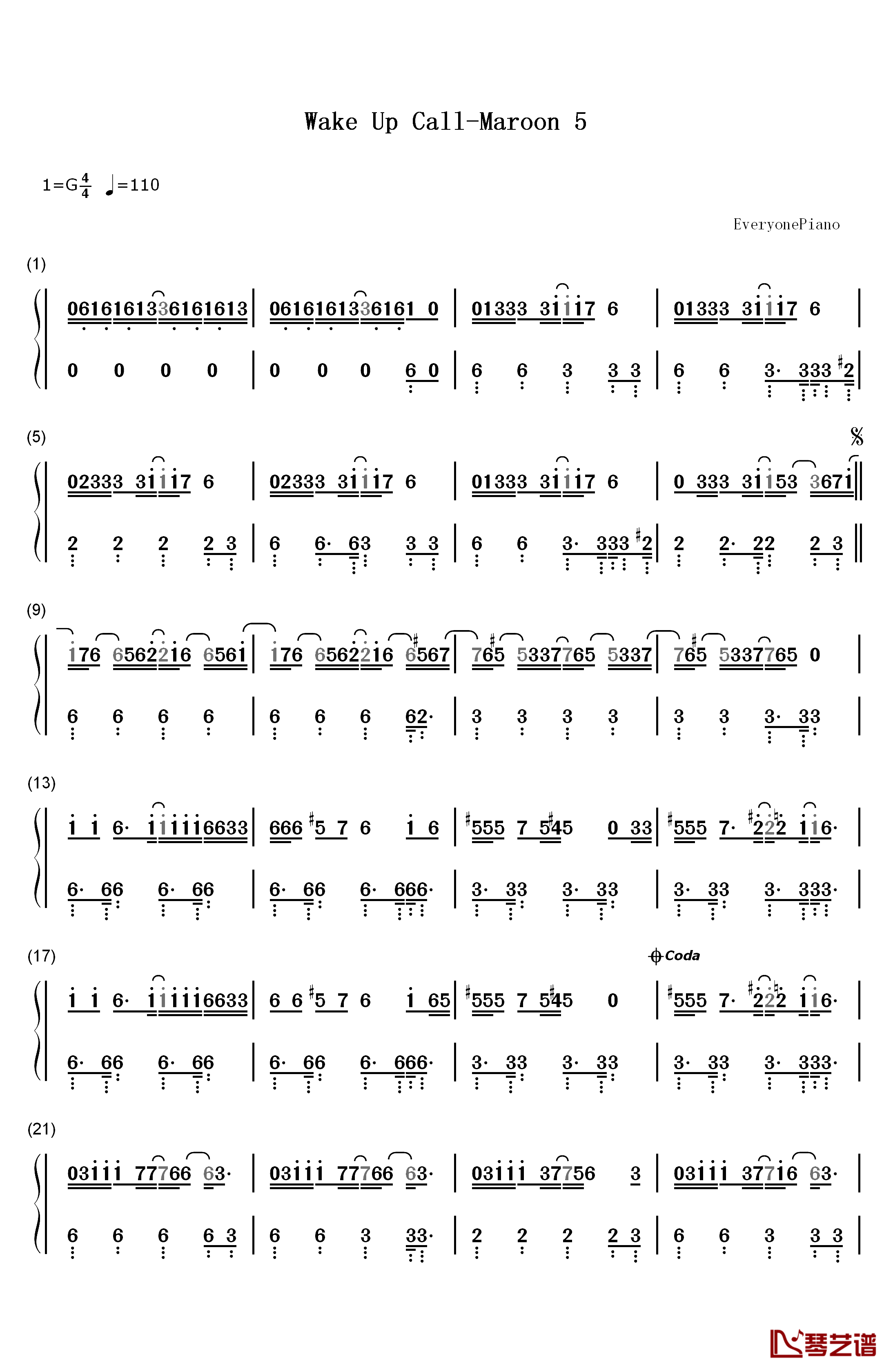 Wake Up Call钢琴简谱-数字双手-Maroon 51
