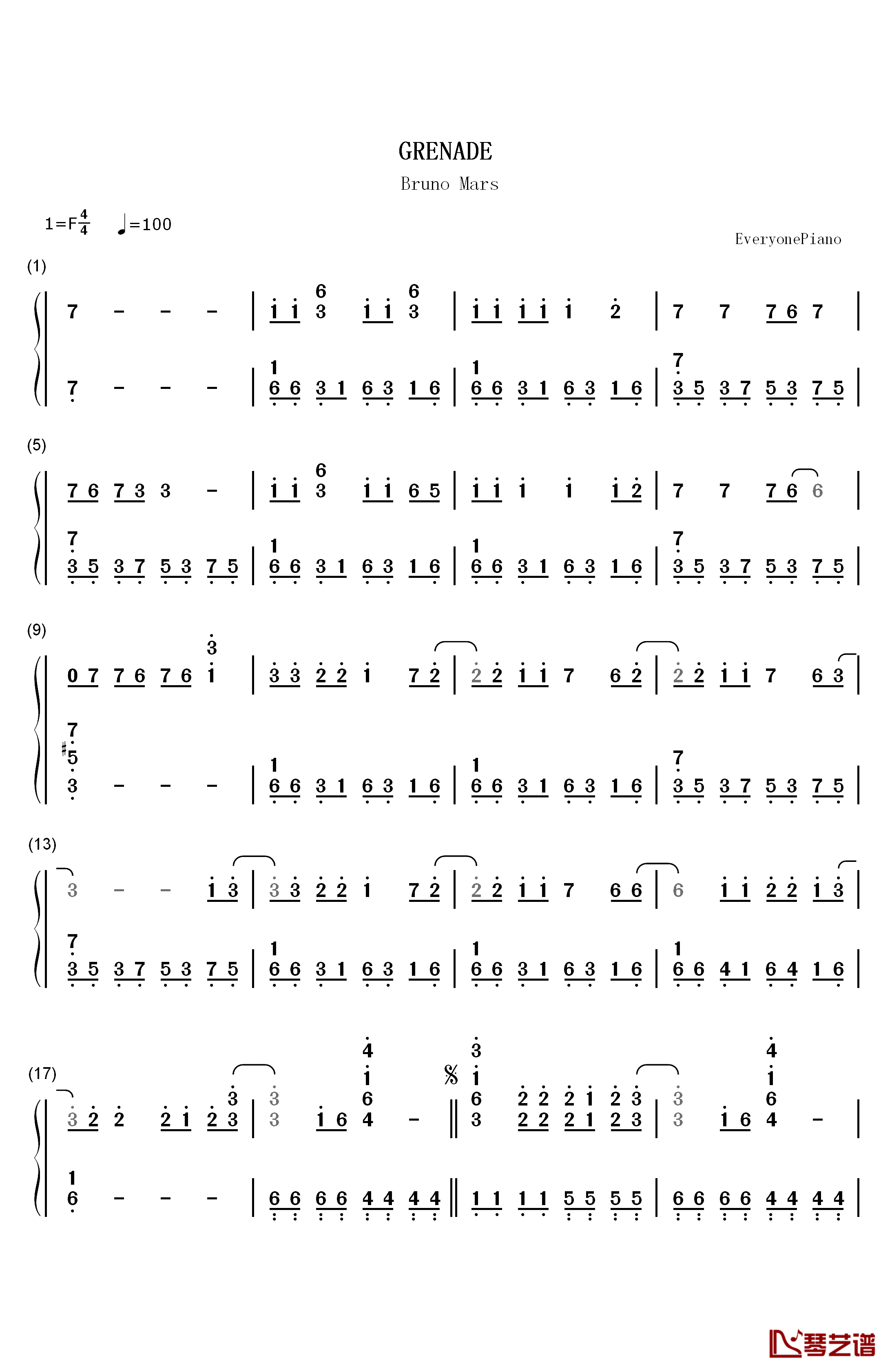 Grenade 钢琴简谱-数字双手-Bruno Mars1
