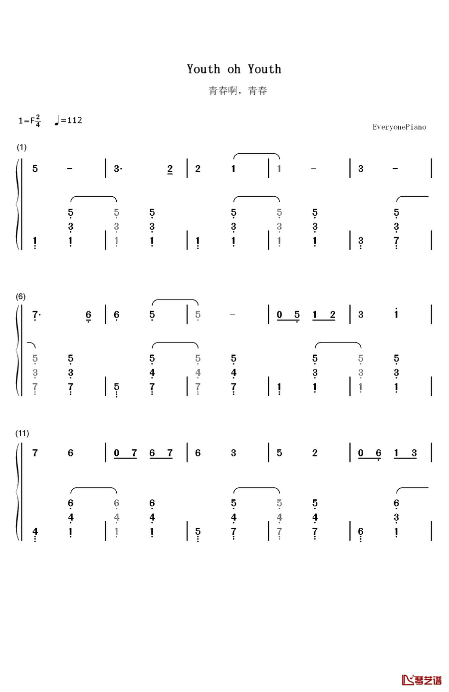 青春啊，青春钢琴简谱-数字双手-关贵敏1