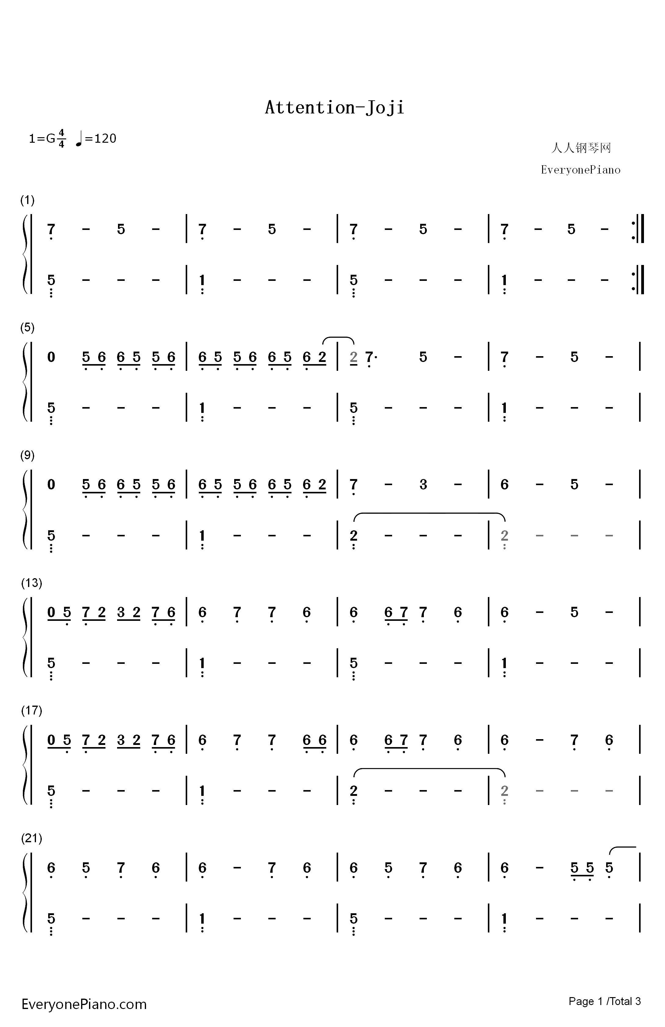 Attention钢琴简谱-数字双手-Joji1