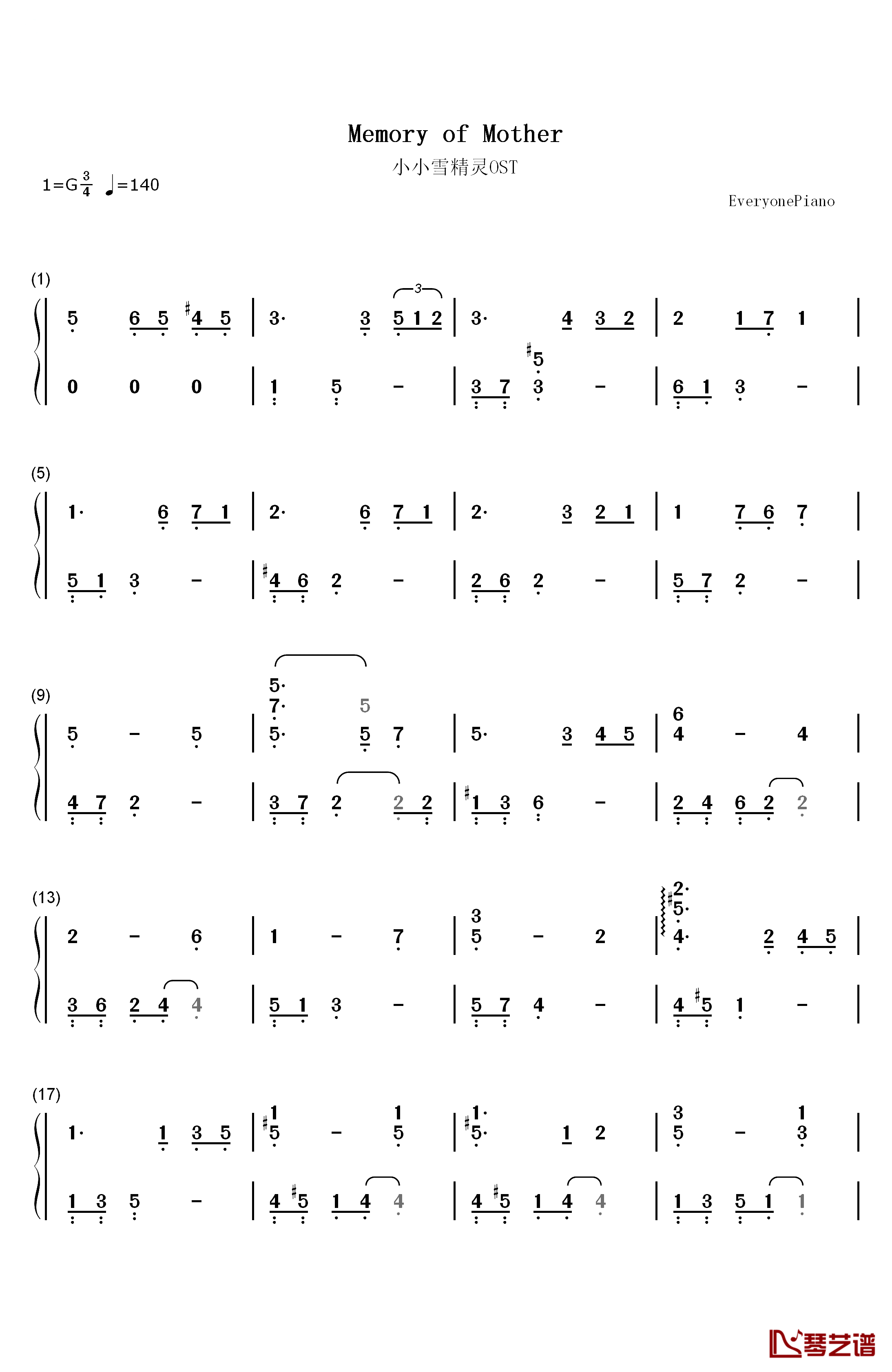 Memory of Mother钢琴简谱-数字双手-光宗信吉1