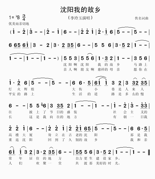 沈阳我的故乡简谱-李玲玉演唱1