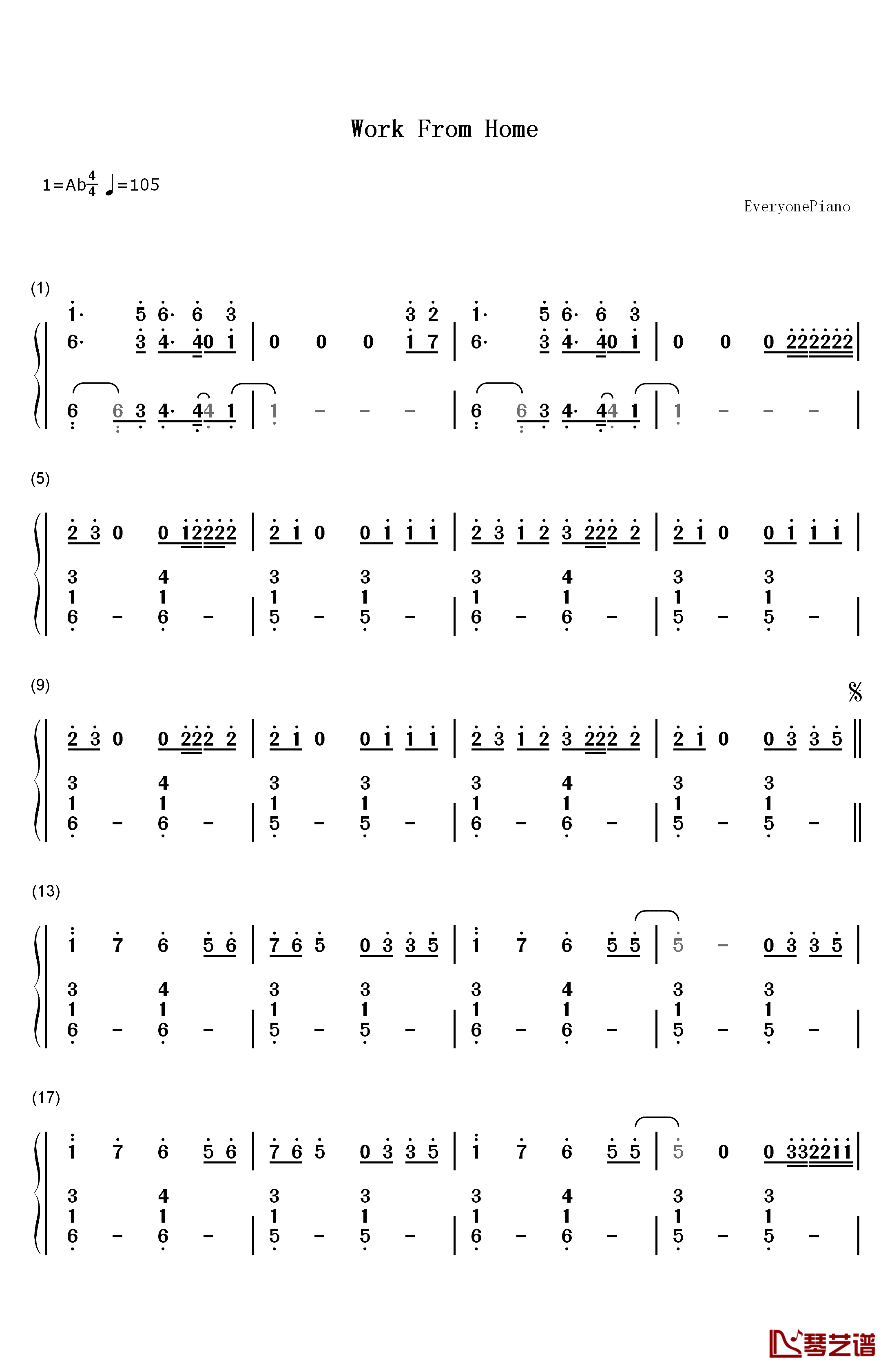 Work From Home钢琴简谱-数字双手-Fifth Harmony1