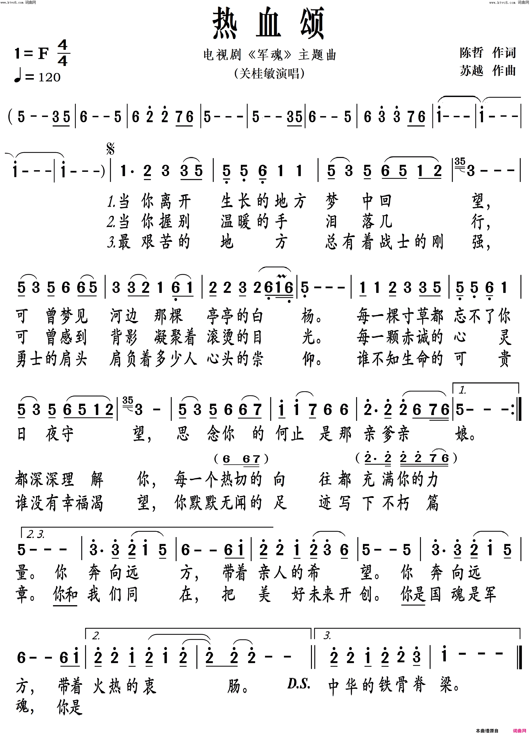 热血颂电视剧《军魂》主题曲简谱-关桂敏演唱-陈哲/苏越词曲1