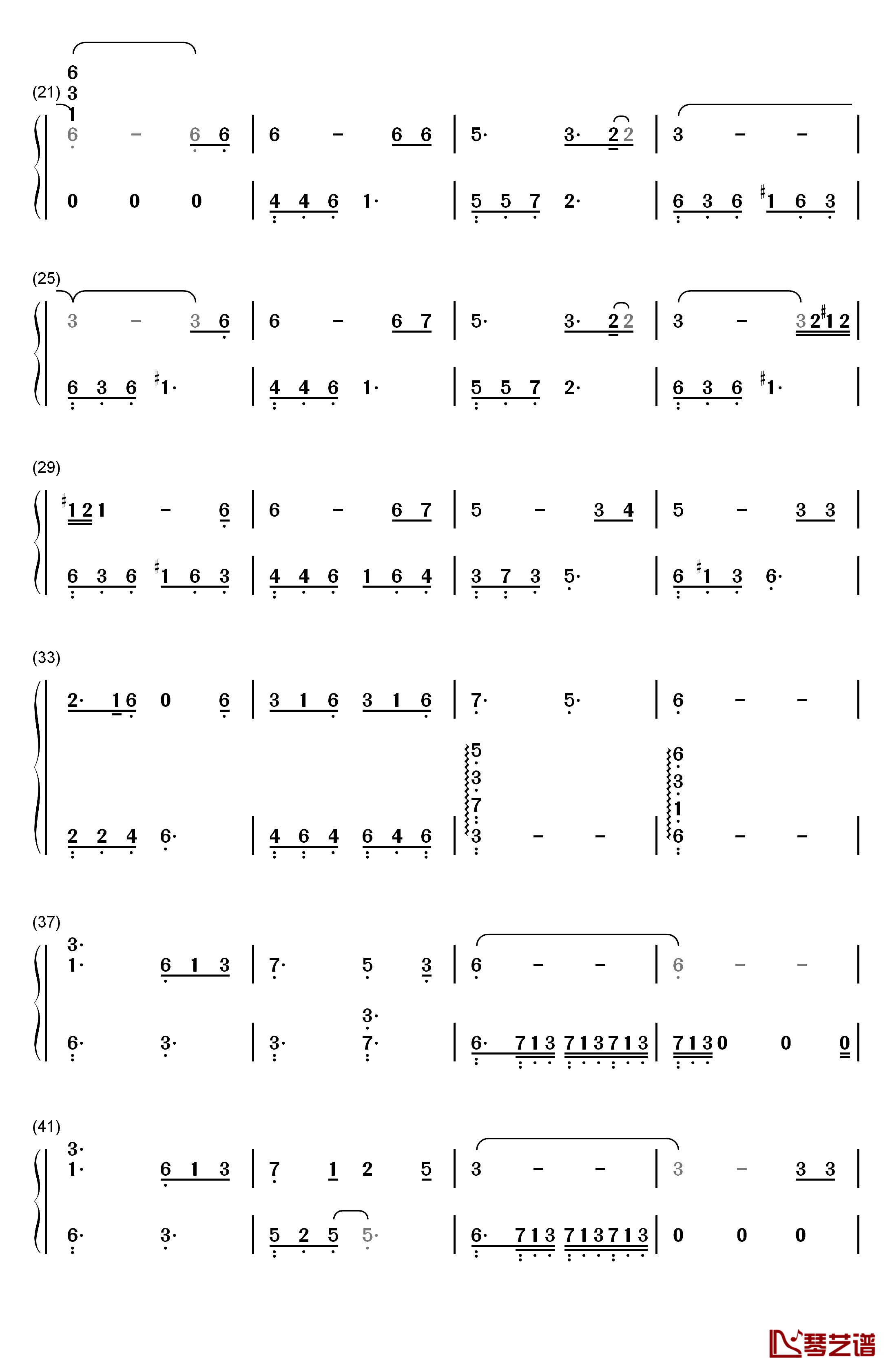 让她降落钢琴简谱-数字双手-何璐2