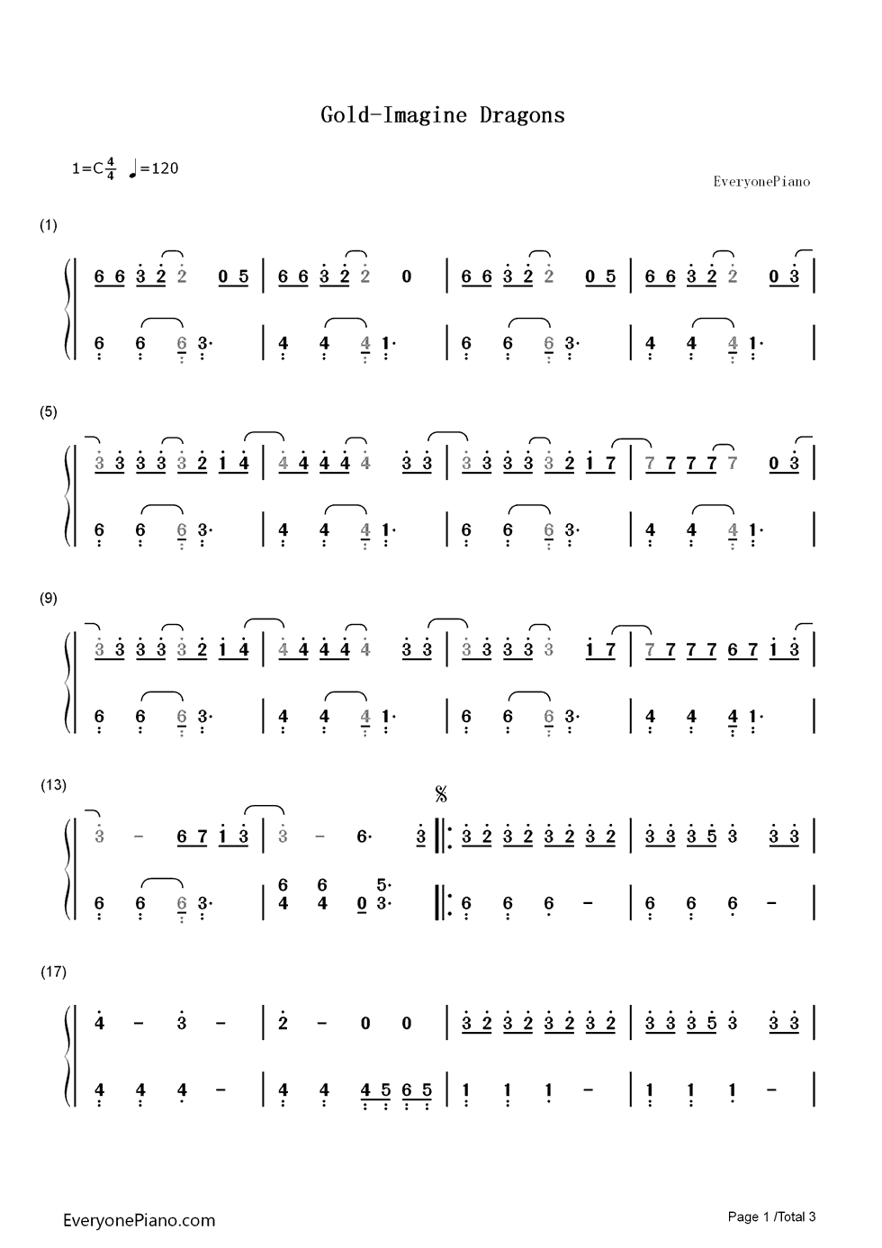 Gold钢琴简谱-数字双手-Imagine Dragons1