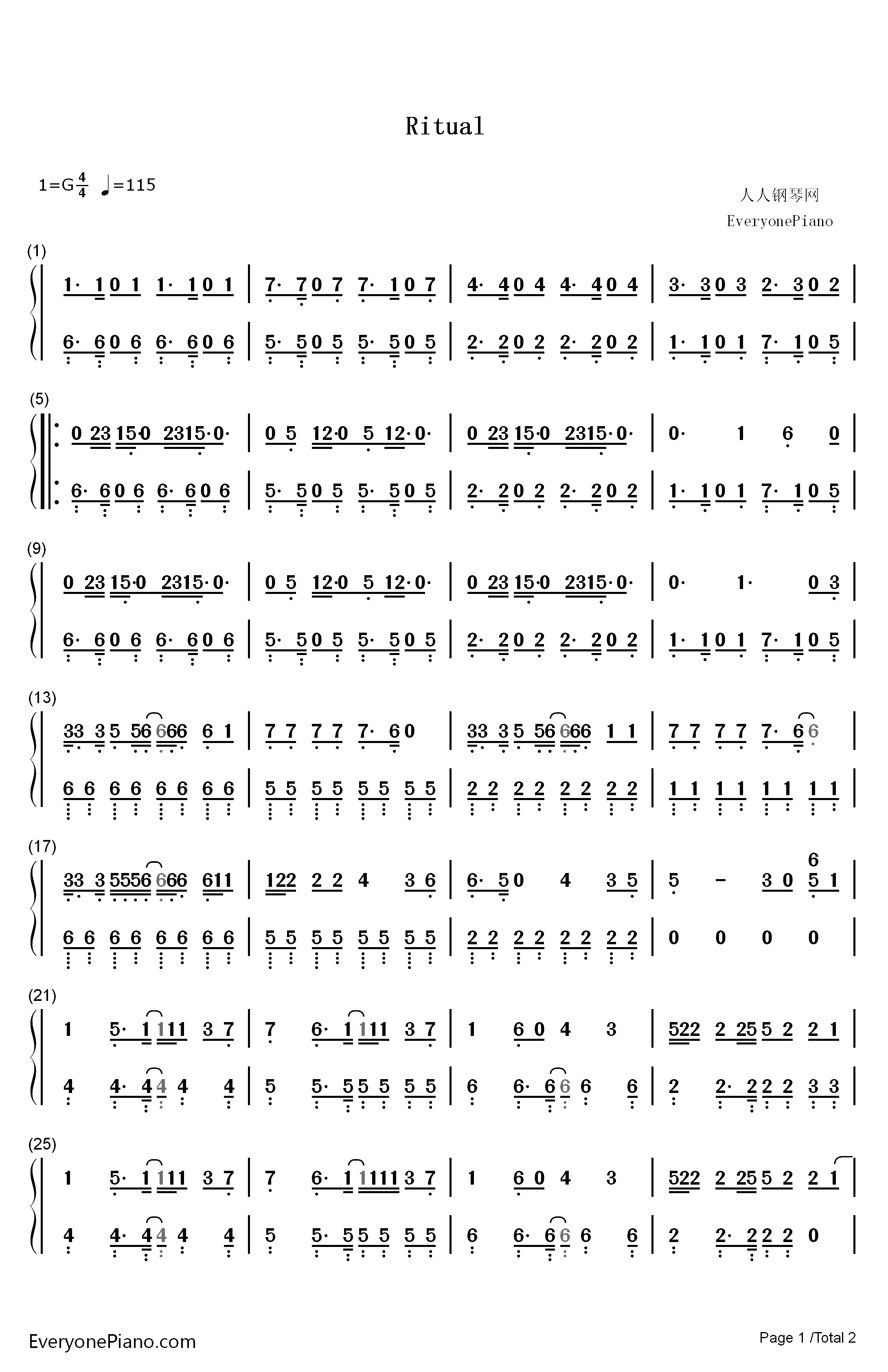 Ritual钢琴简谱-数字双手-Tiësto Jonas Blue Rita Ora1