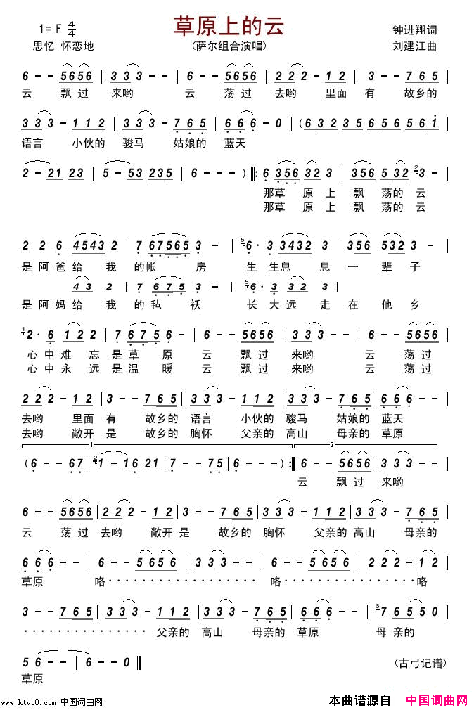 草原上的云简谱-萨尔组合演唱-钟进翔/刘建江词曲1