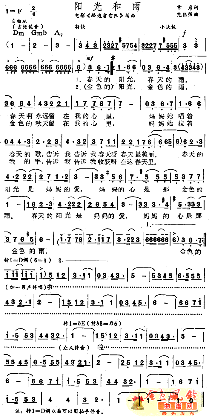 阳光和雨《路边吉它队》插曲简谱1