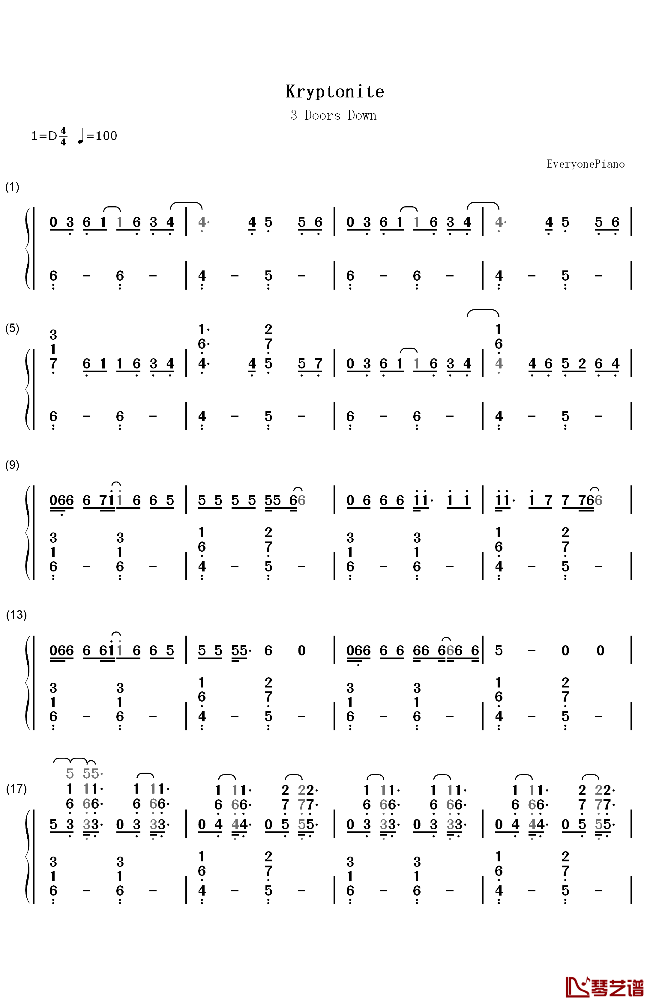 Kryptonite钢琴简谱-数字双手-3 Doors Down1