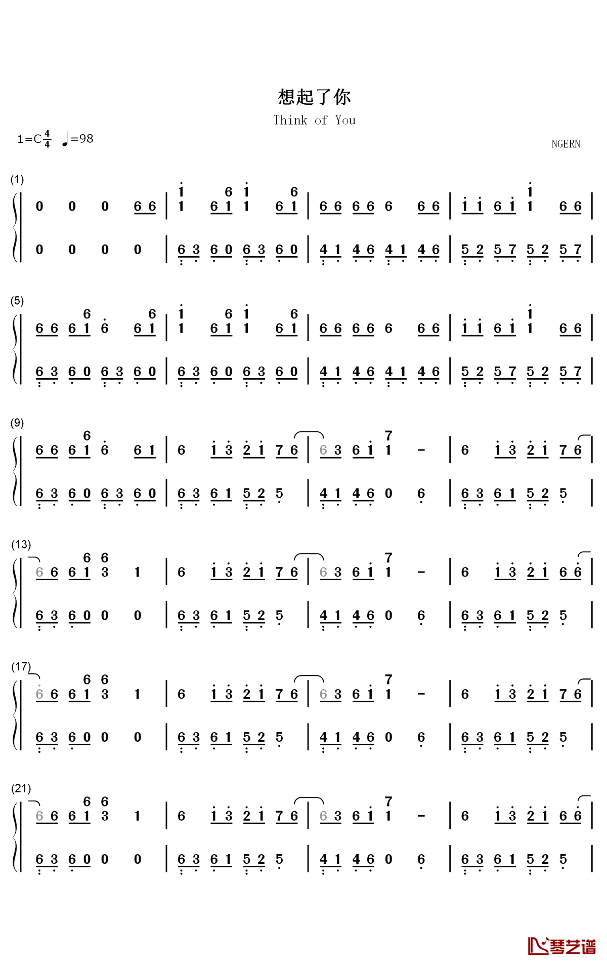 想起了你钢琴简谱-数字双手-程响1