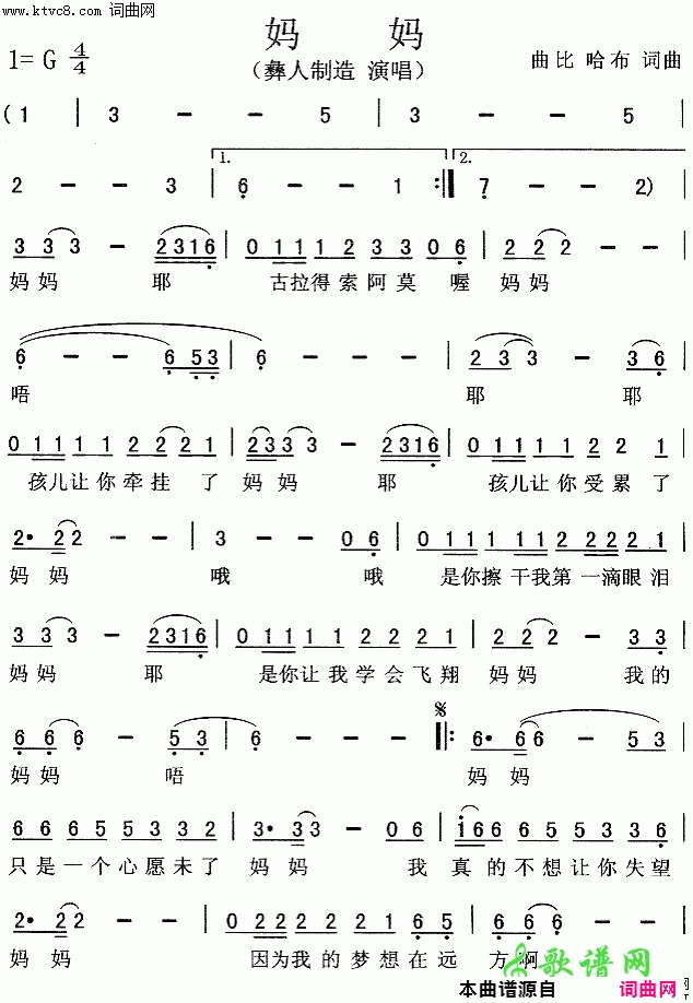 妈妈彝人制造简谱-彝人制造演唱-曲比哈布/曲比哈布词曲1