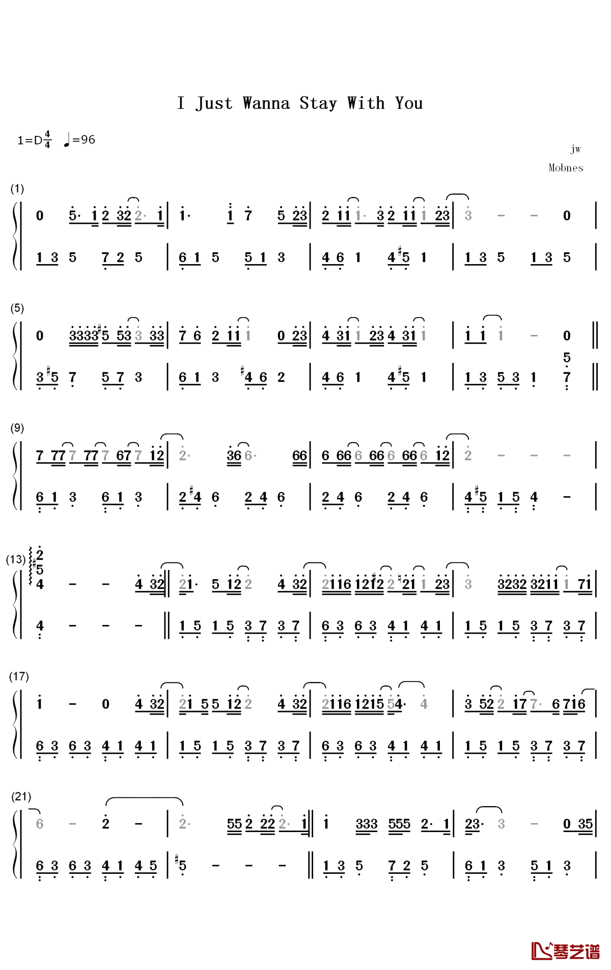 I Just Wanna Stay With You钢琴简谱-数字双手-JW 王灏儿1