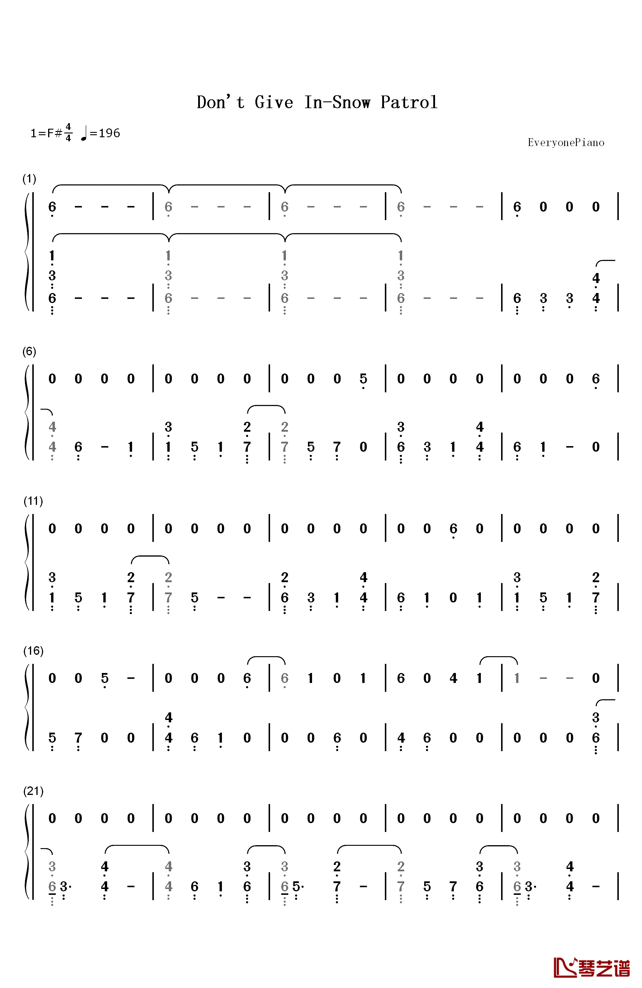 Don't Give In钢琴简谱-数字双手-Snow Patrol1
