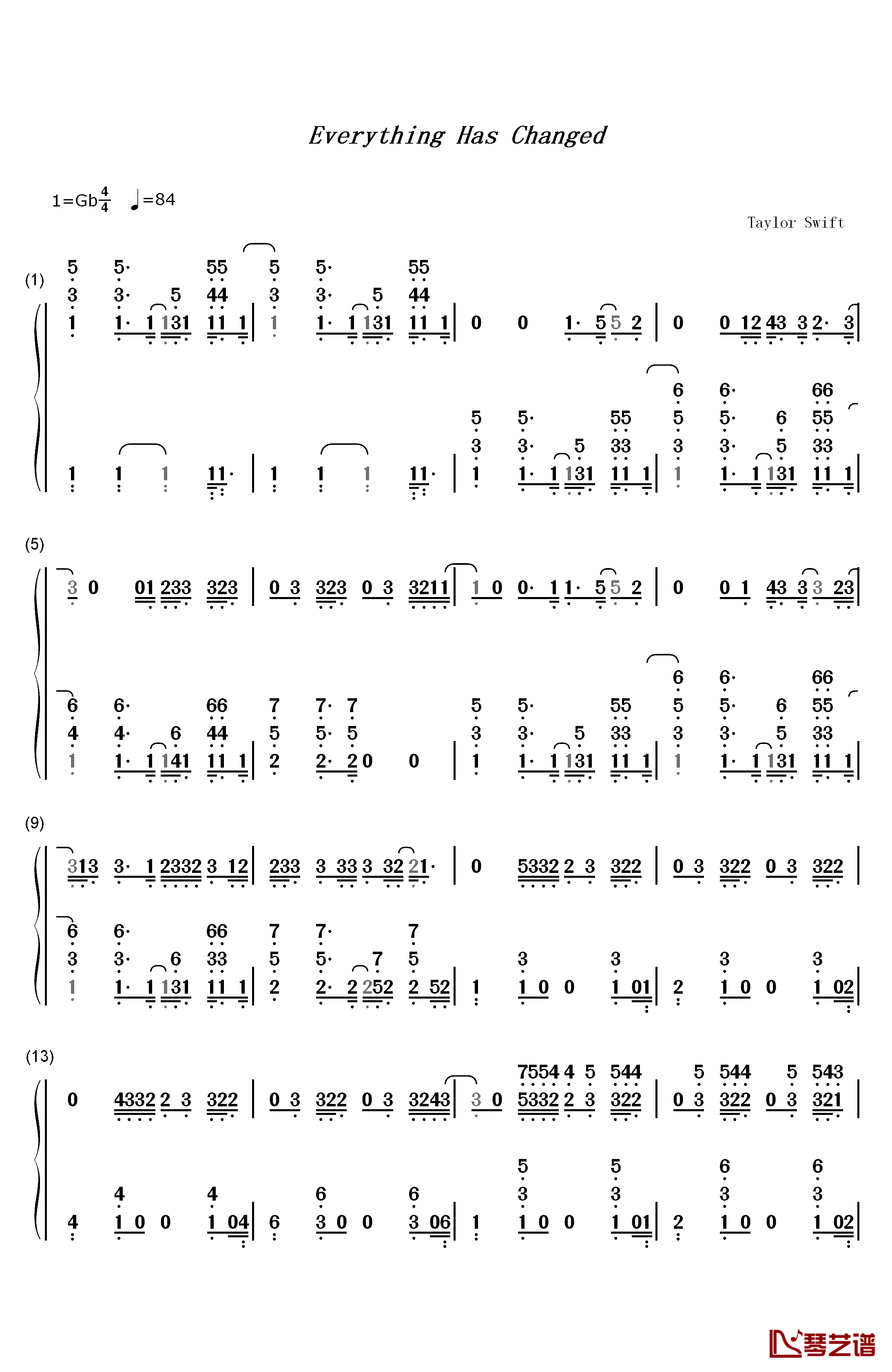 Everything Has Changed钢琴简谱-数字双手-Taylor Swift1
