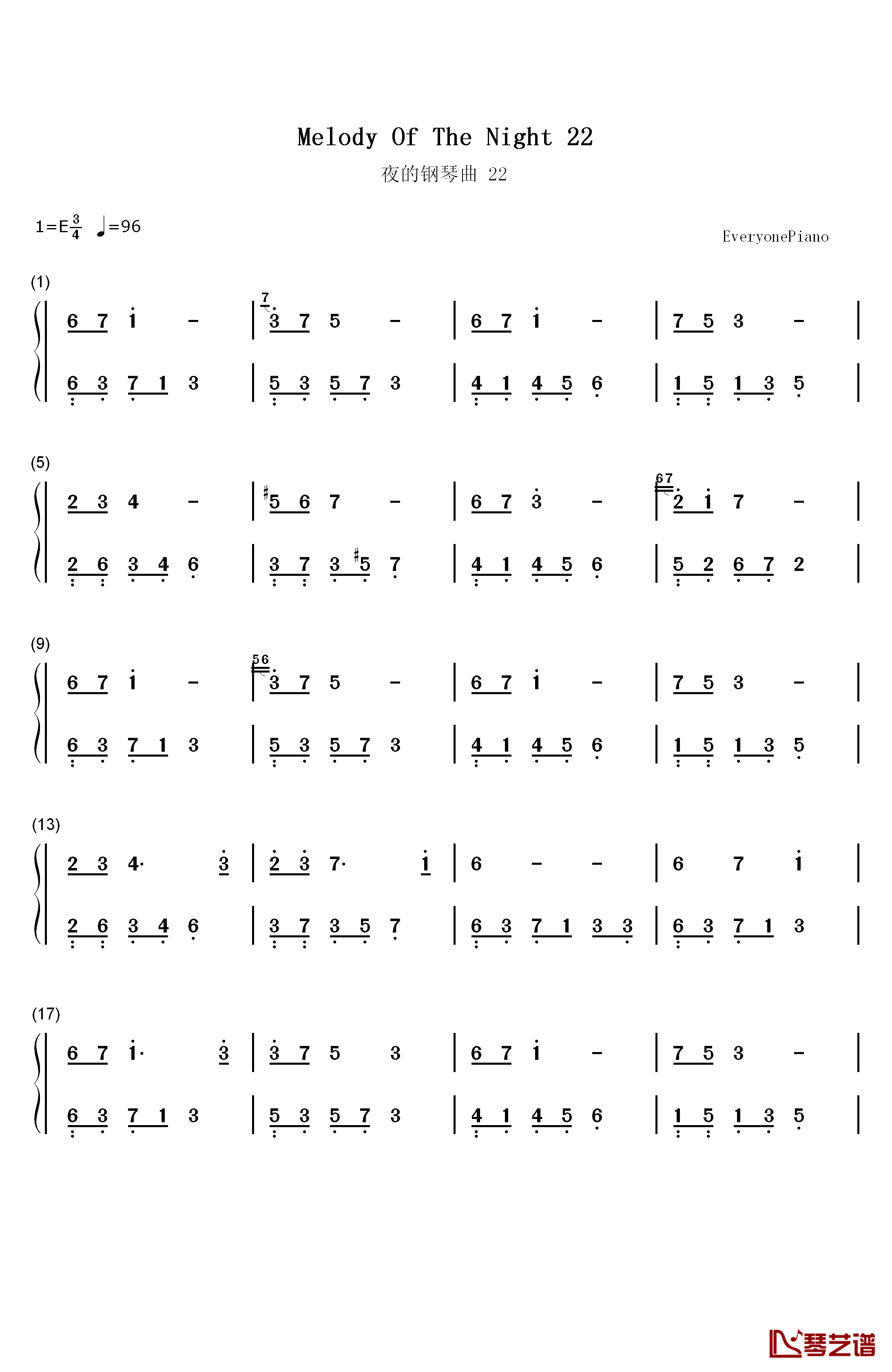 夜的钢琴曲 22钢琴简谱-数字双手-石进1