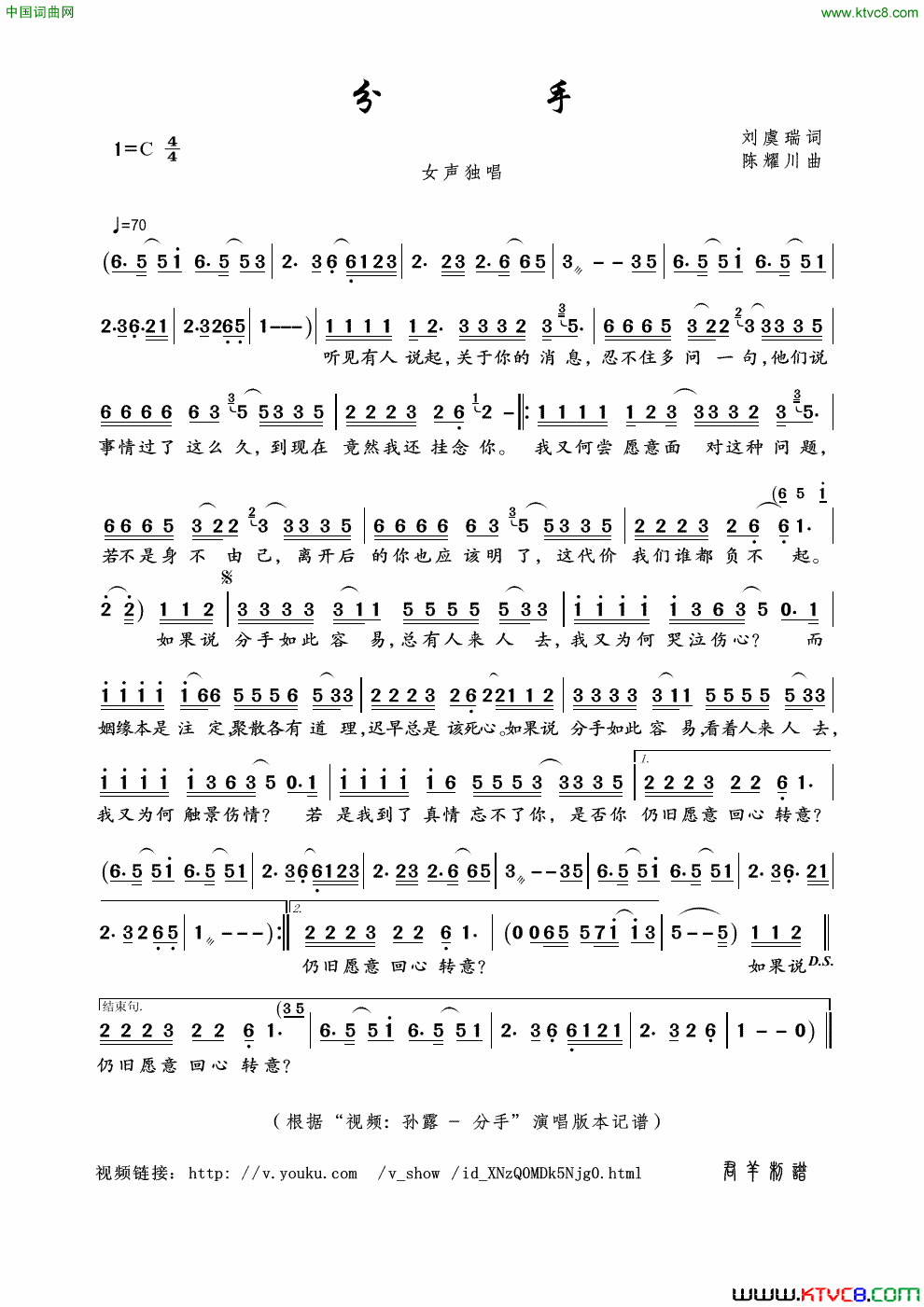 分手刘虞瑞词陈耀川曲分手刘虞瑞词 陈耀川曲简谱-孙露演唱-刘虞瑞/陈耀川词曲1