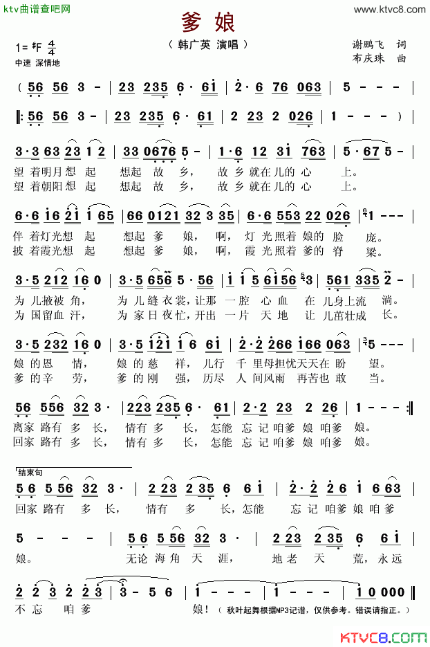 爹娘谢鹏飞词布庆珠曲简谱-韩广英演唱1