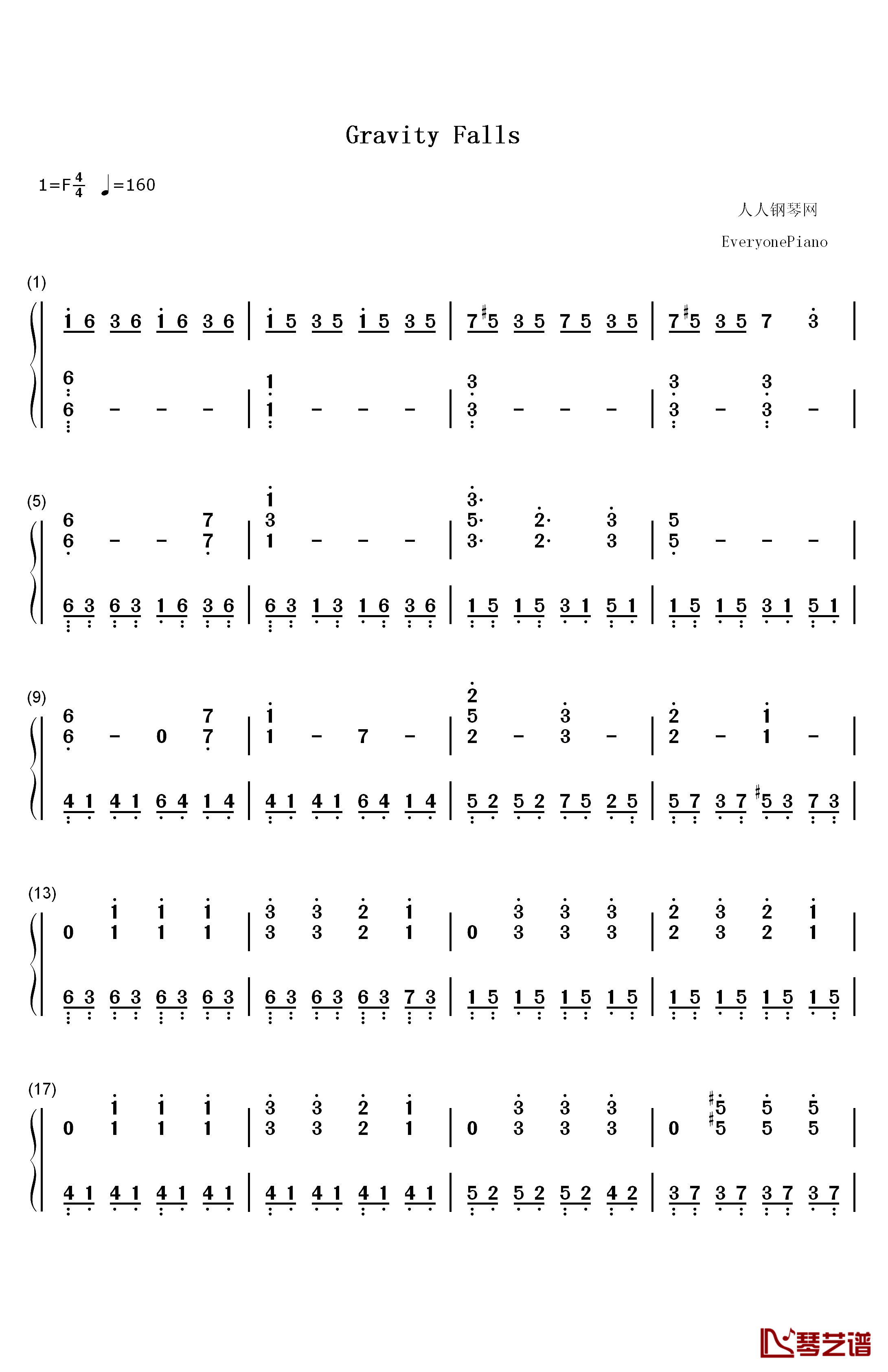 怪诞小镇主题曲钢琴简谱-数字双手-Brad Breeck1
