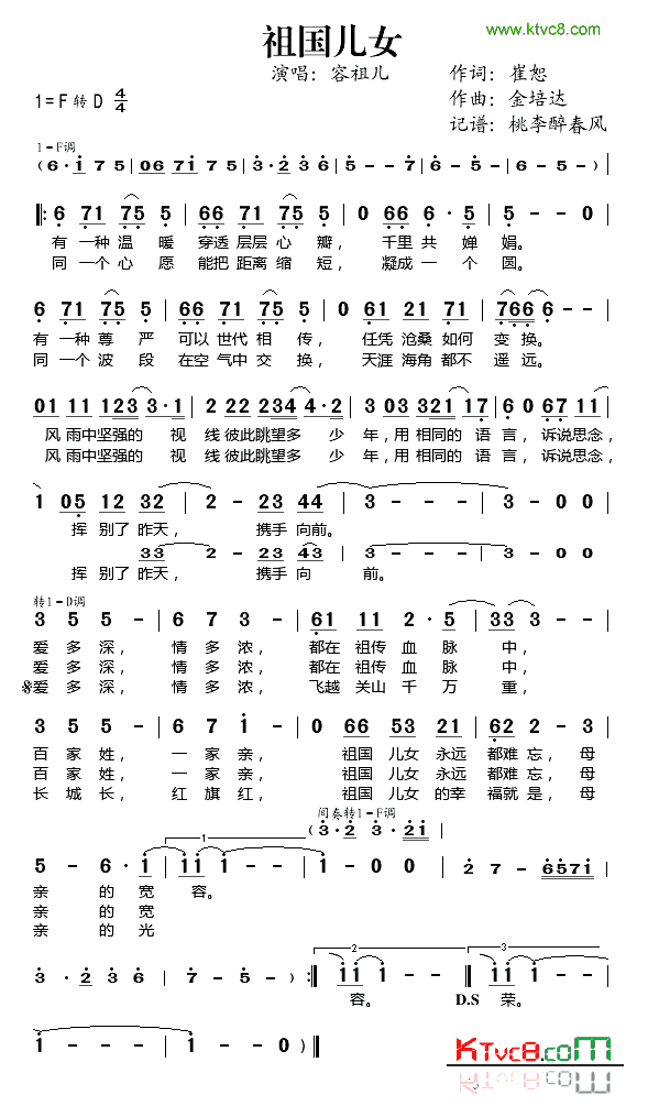 祖国儿女简谱-容祖儿演唱1