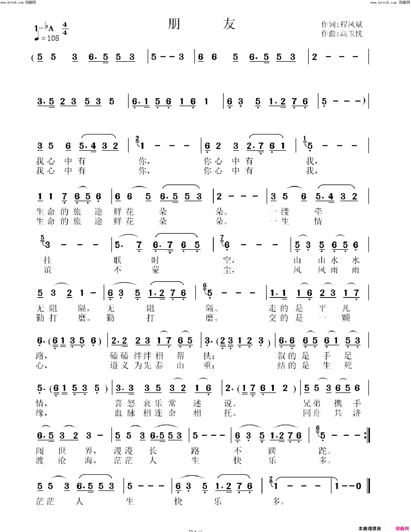 朋友简谱-高玉忱曲谱1