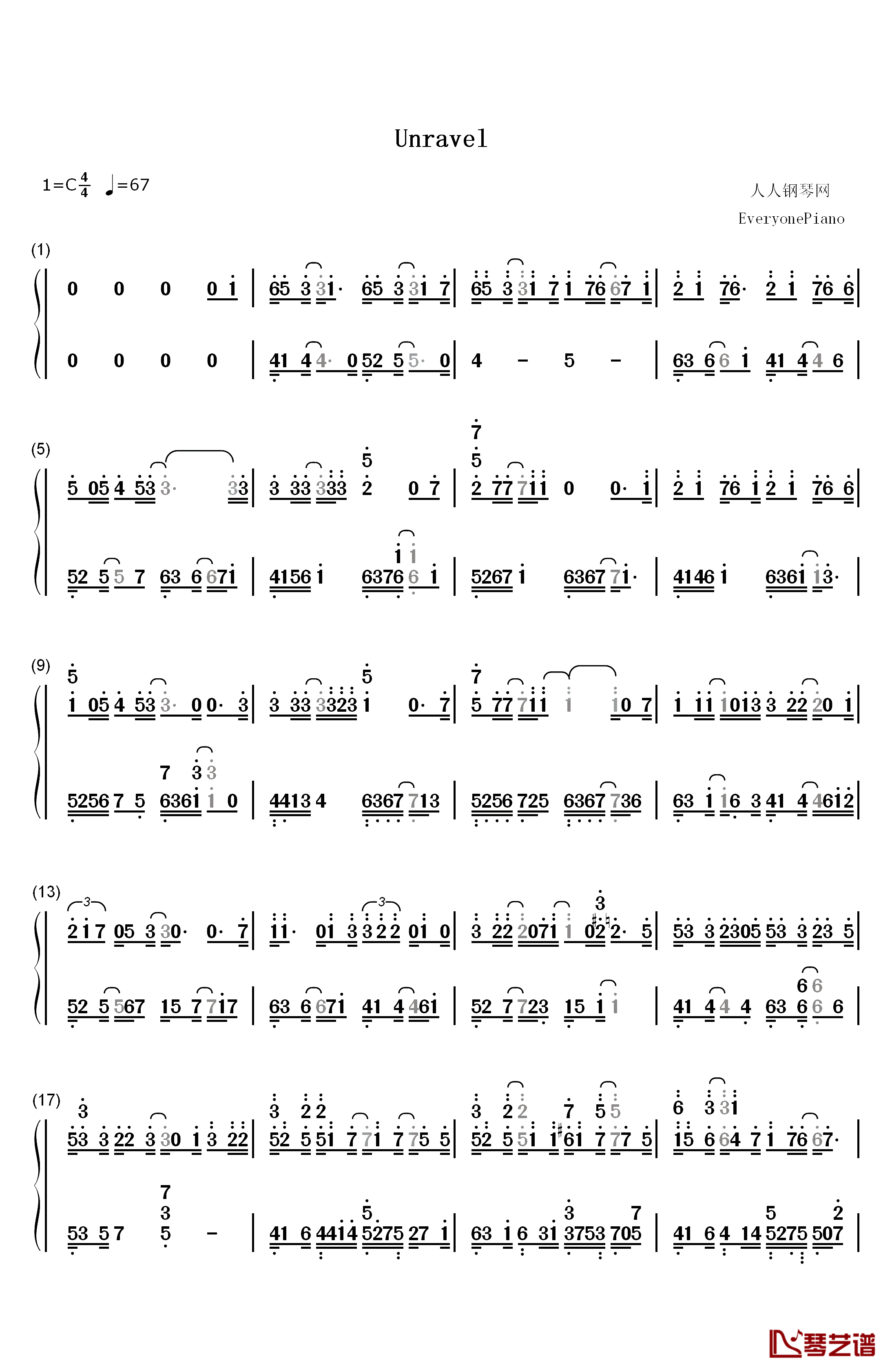 Unravel钢琴简谱-数字双手-Tk from 凛冽时雨1
