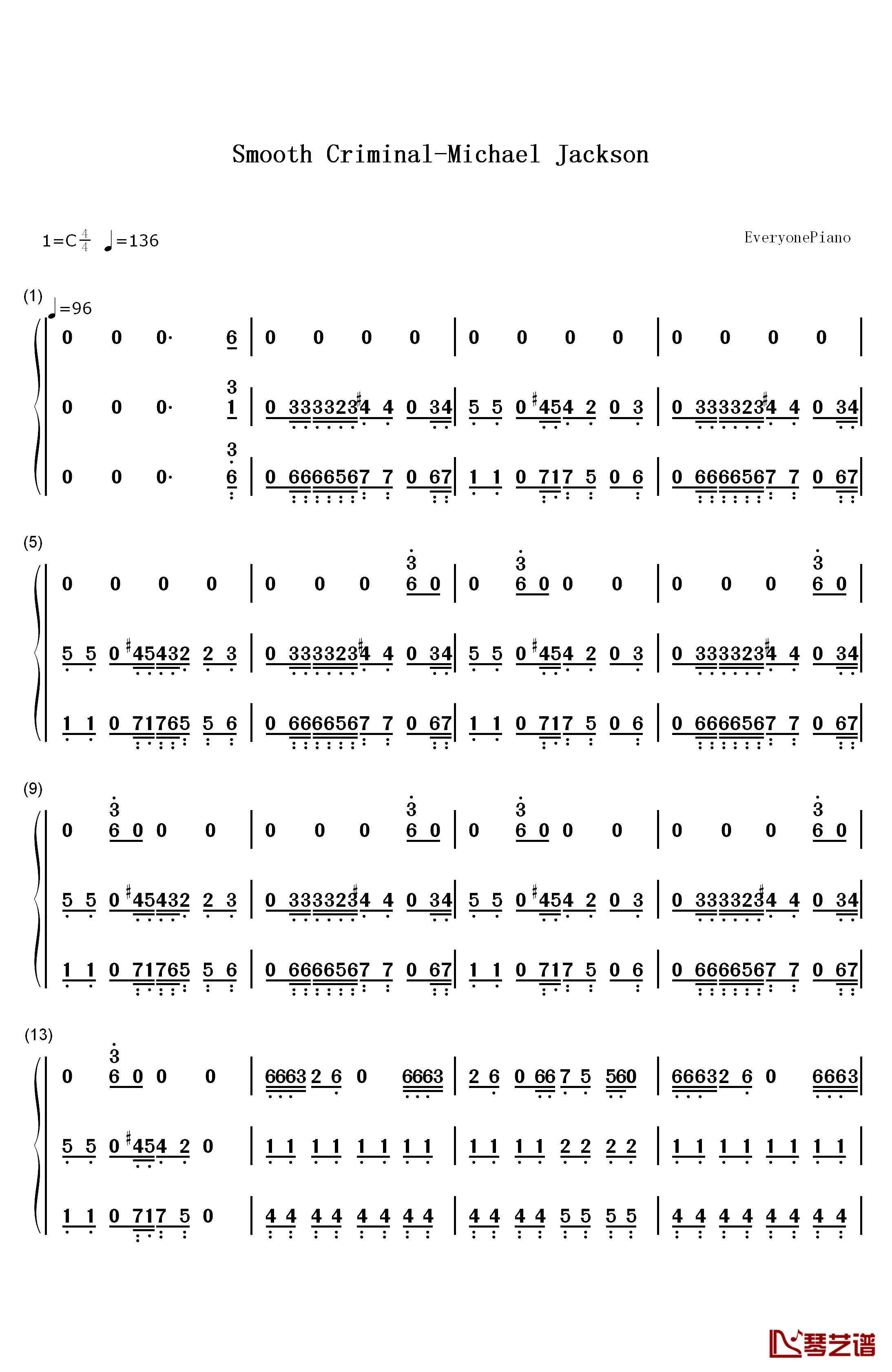 Smooth Criminal钢琴简谱-数字双手-迈克尔 杰克逊1