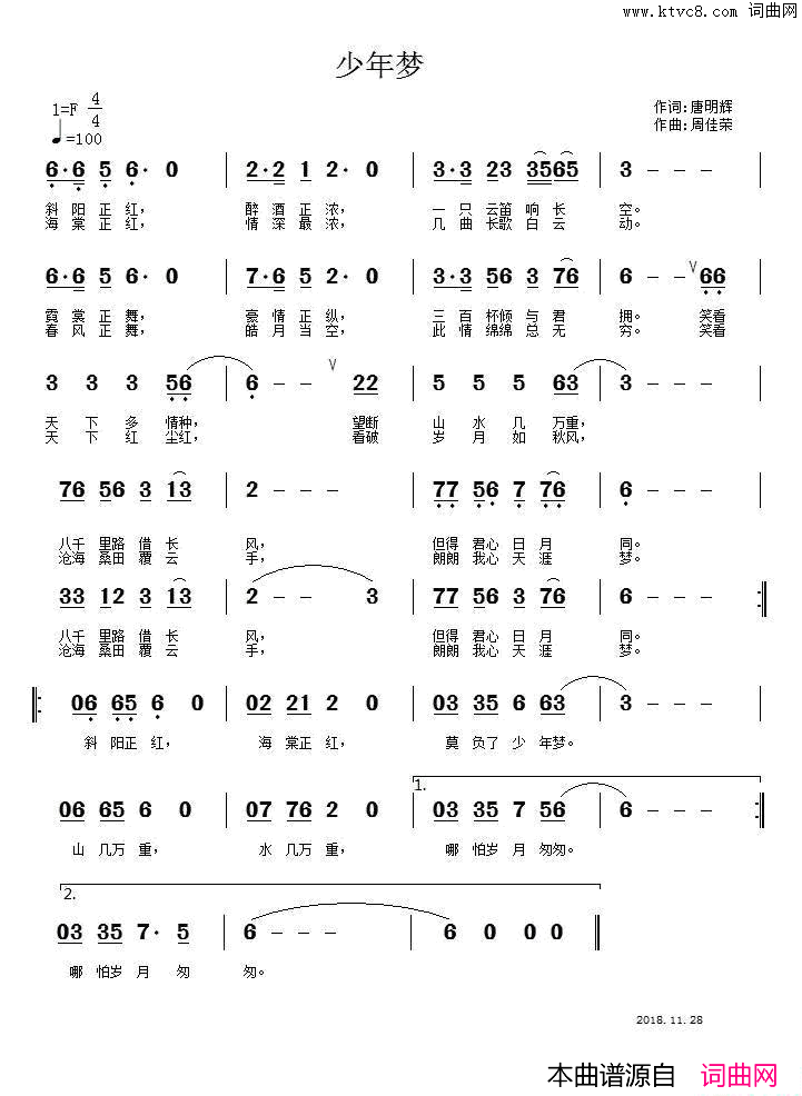 少年梦唐明辉词周佳荣曲少年梦唐明辉词 周佳荣曲简谱1