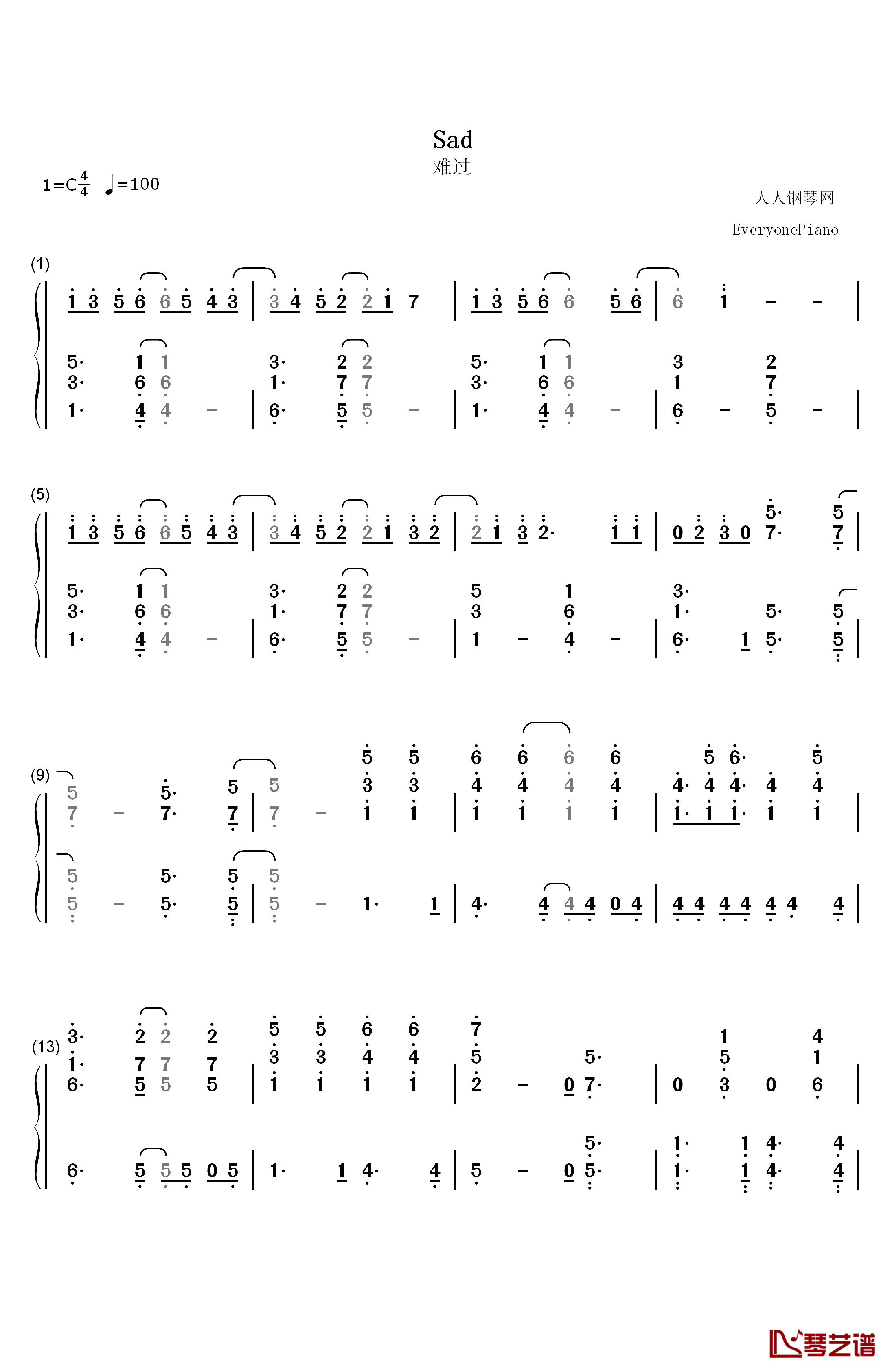 Sad钢琴简谱-数字双手-Bo Burnham1