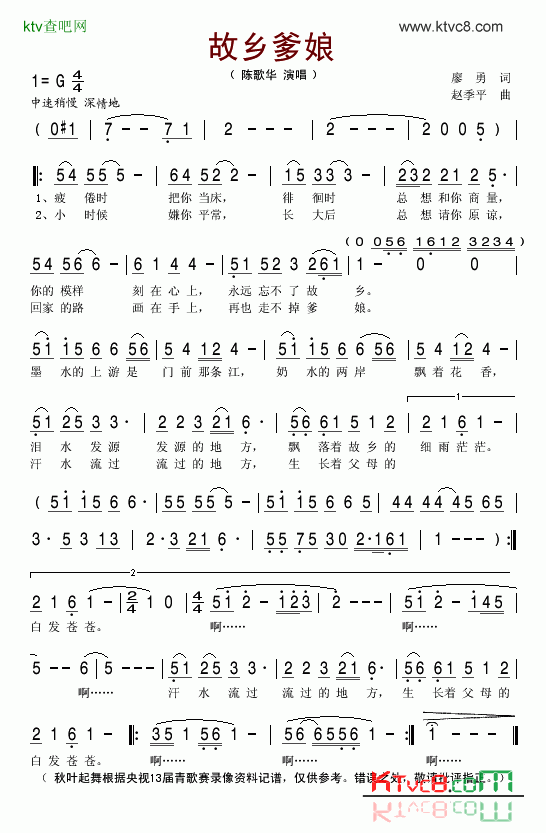 故乡爹娘简谱-陈歌华演唱1