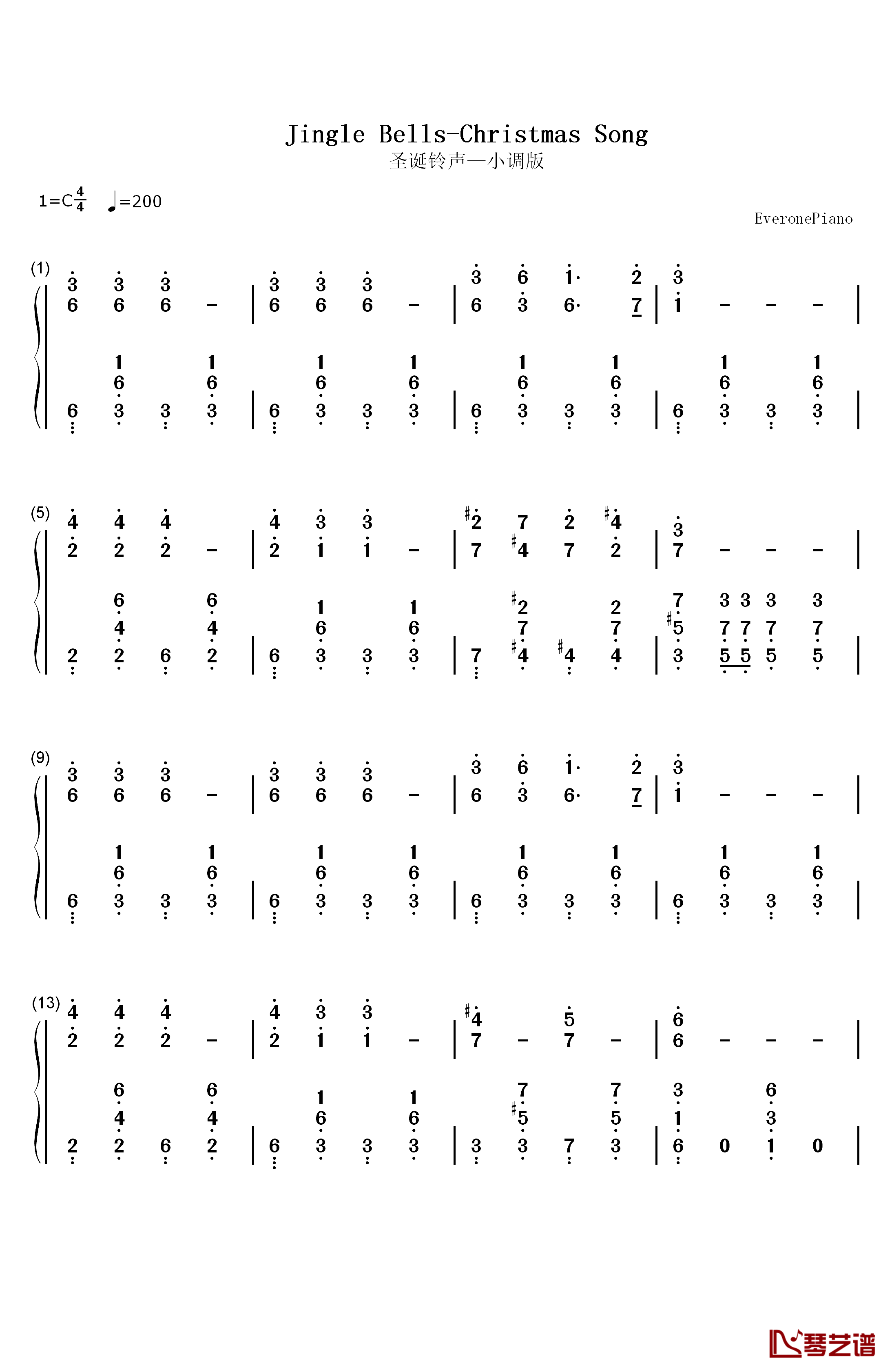 铃儿响叮当小调版钢琴简谱-数字双手-詹姆斯·罗德·皮尔彭特 James Lord Pierpont1