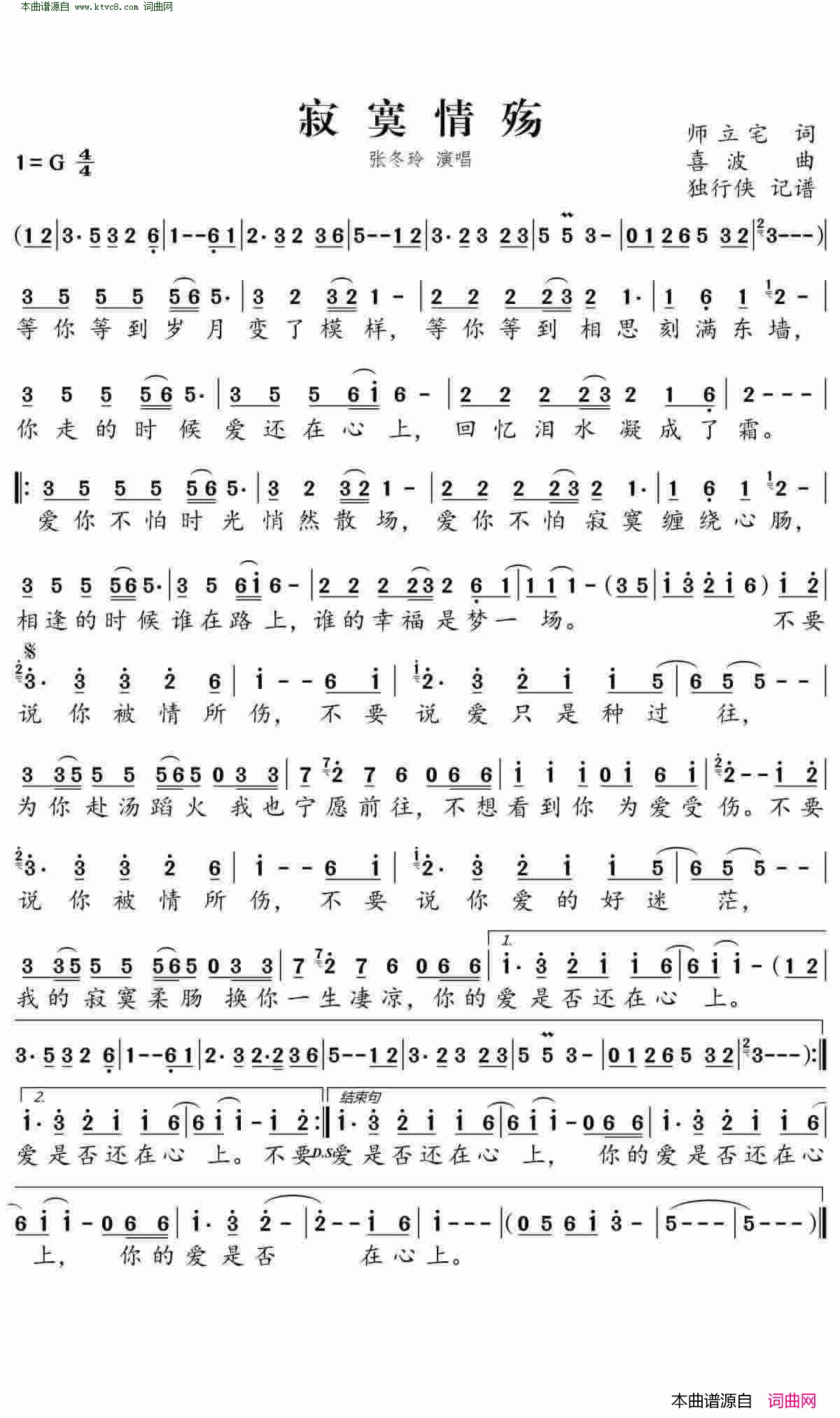 寂寞情殇简谱-张冬玲演唱-师立宅/喜波词曲1