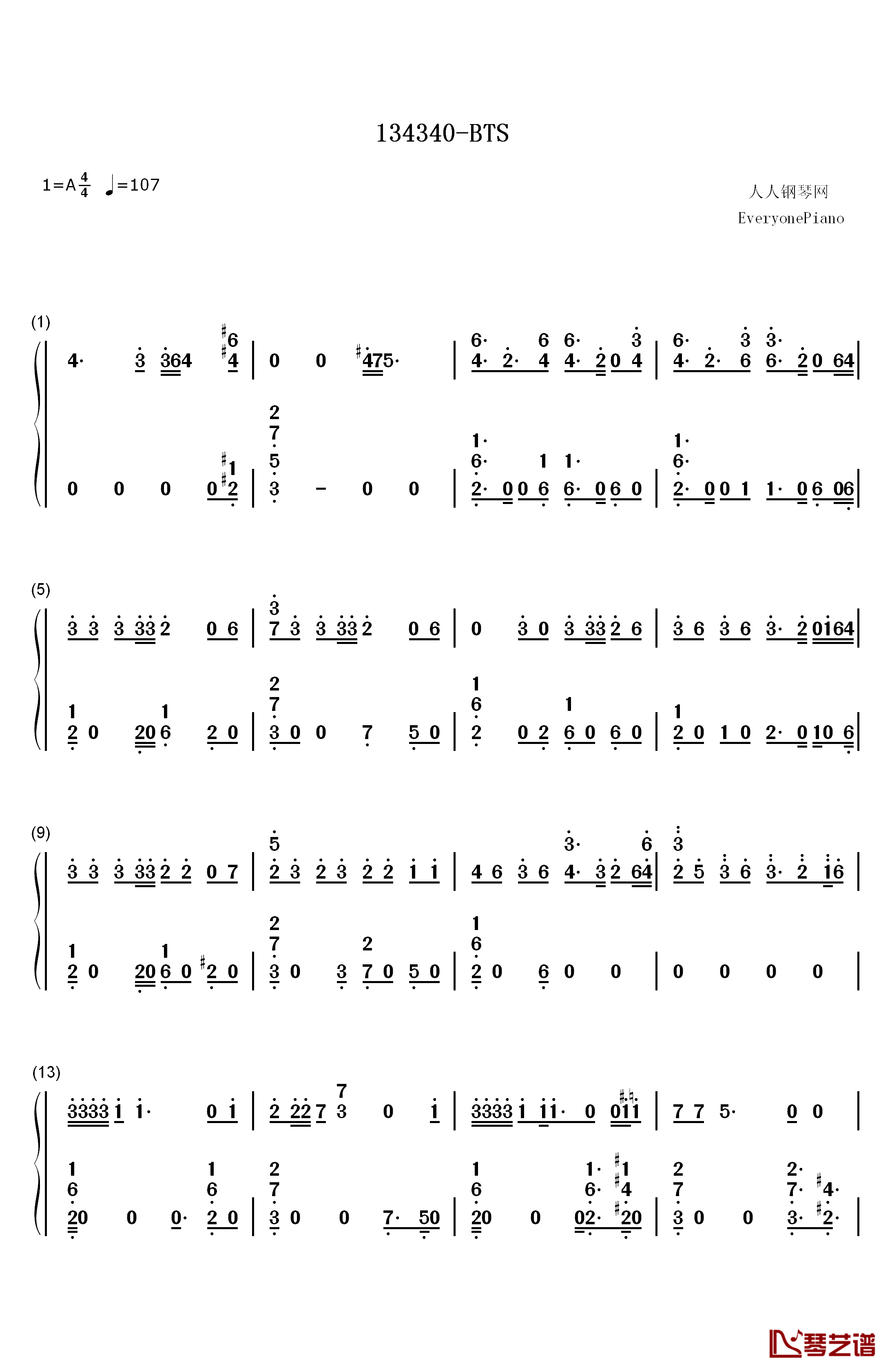 134340钢琴简谱-数字双手-防弹少年团1