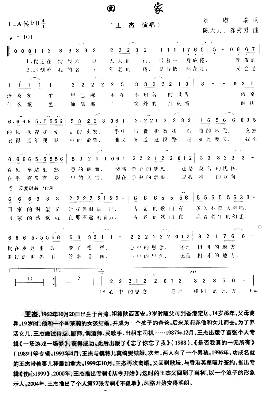 回家王杰简谱-王杰演唱1