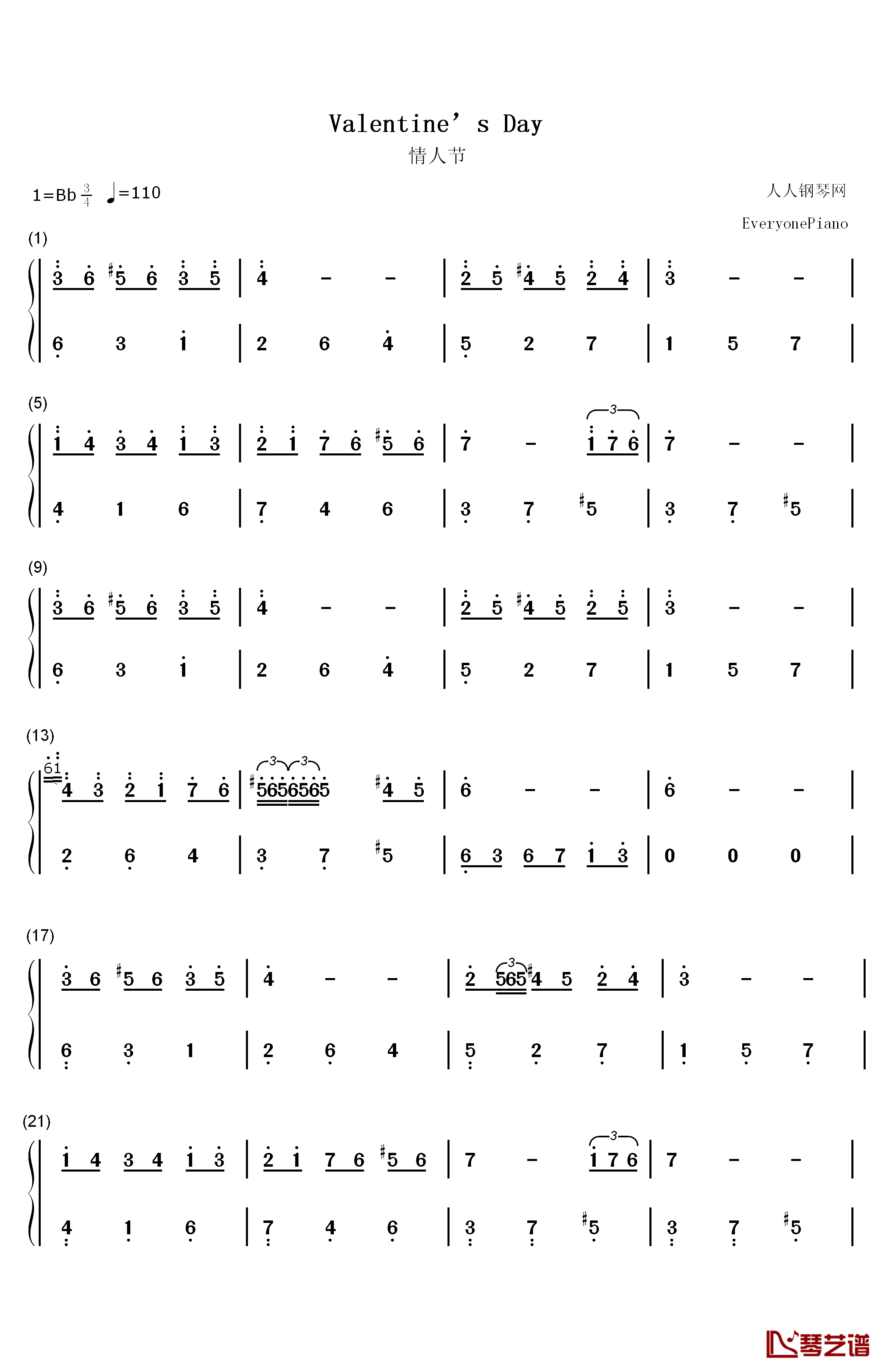 Valentine’s Day钢琴简谱-数字双手-张一益1