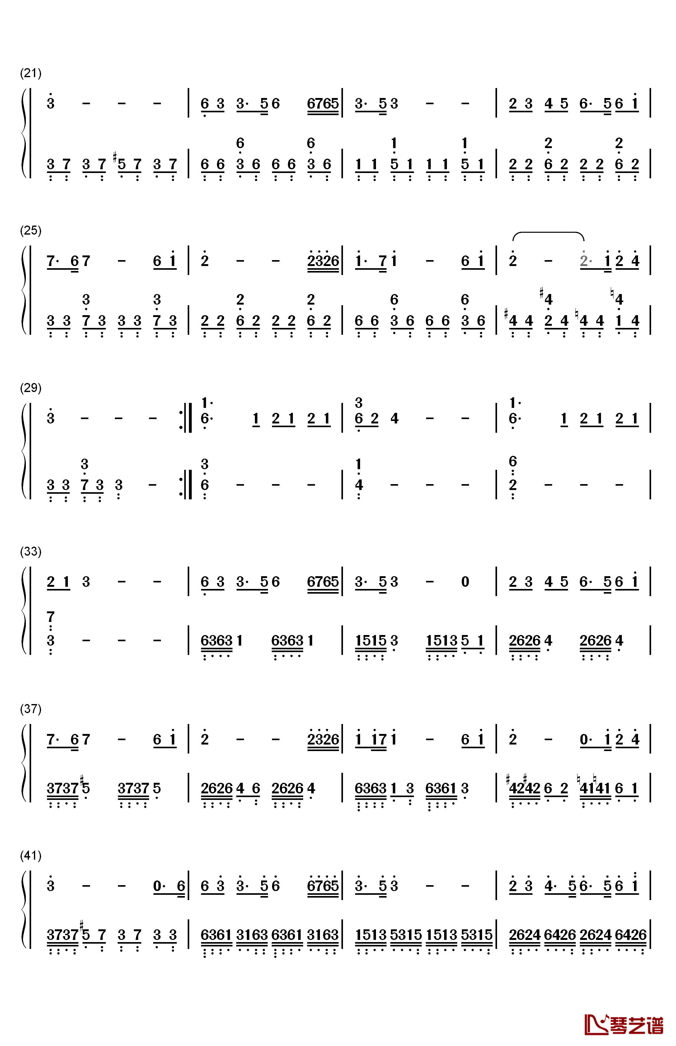 左手指月钢琴简谱-数字双手-萨顶顶2
