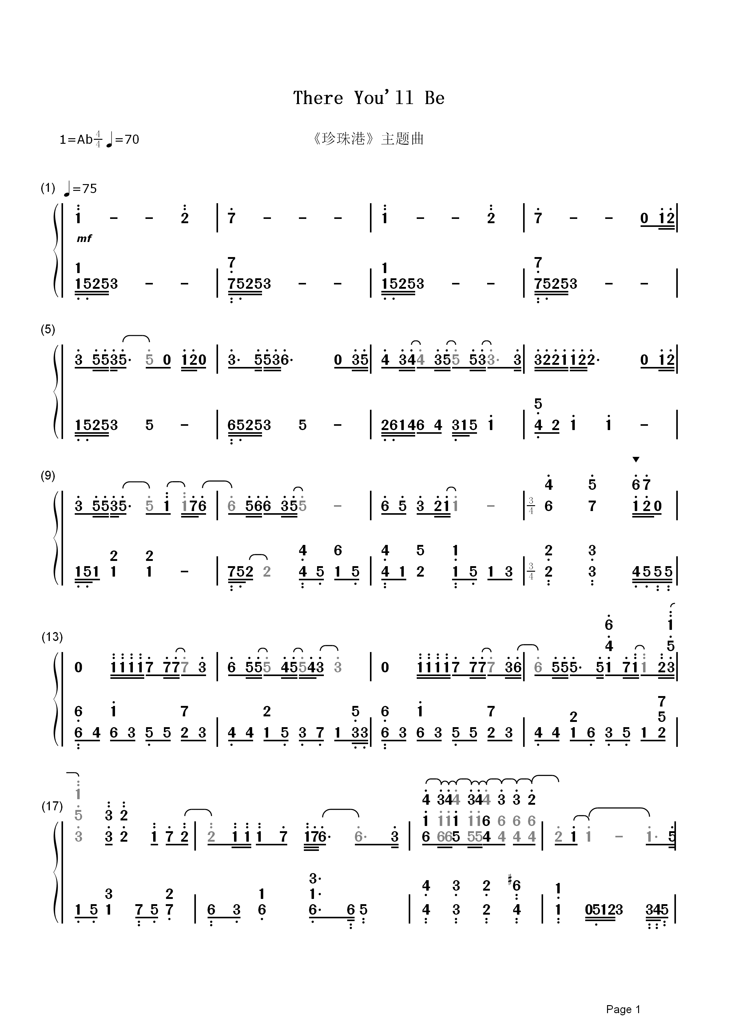 There You'll Be (有你相依)简谱  Faith Hill  珍珠港主题曲，一首爱情让位于战争的经典歌曲1