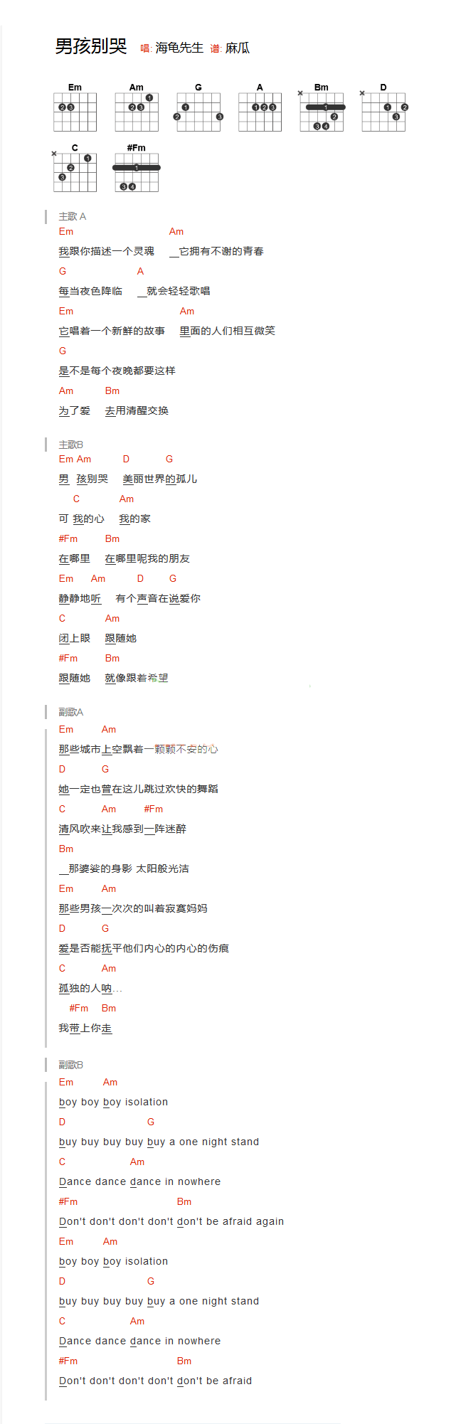 男孩别哭吉他谱 海龟先生 我跟你描述一个灵魂5
