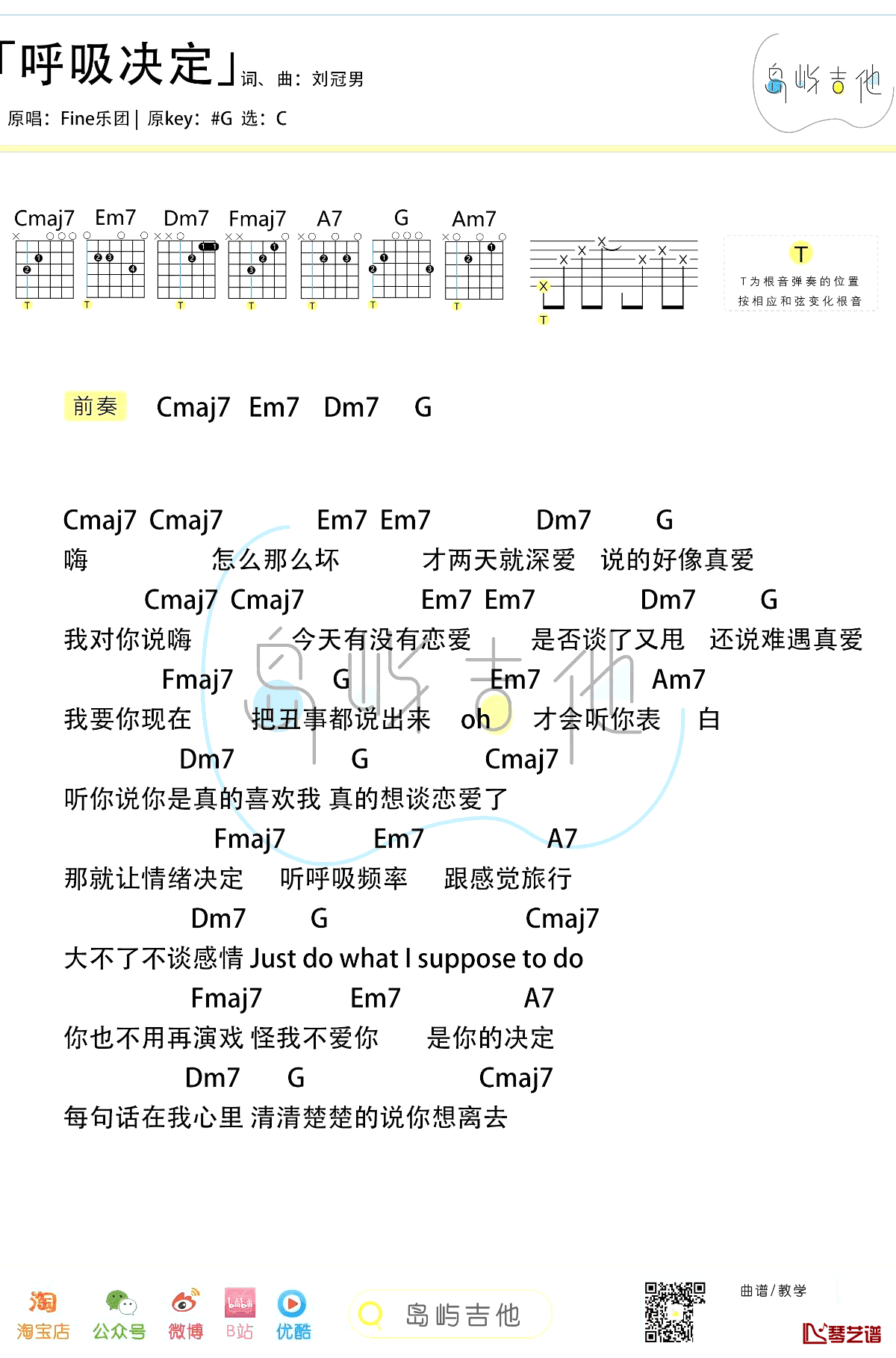 呼吸决定吉他谱 Fine乐队 C调 弹唱示范视频2