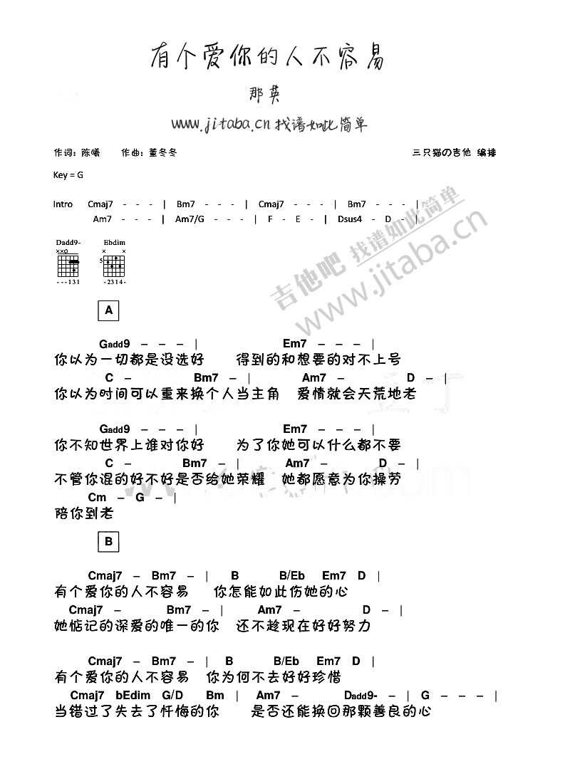 有个爱你的人不容易吉他谱-G调和弦谱-那英1