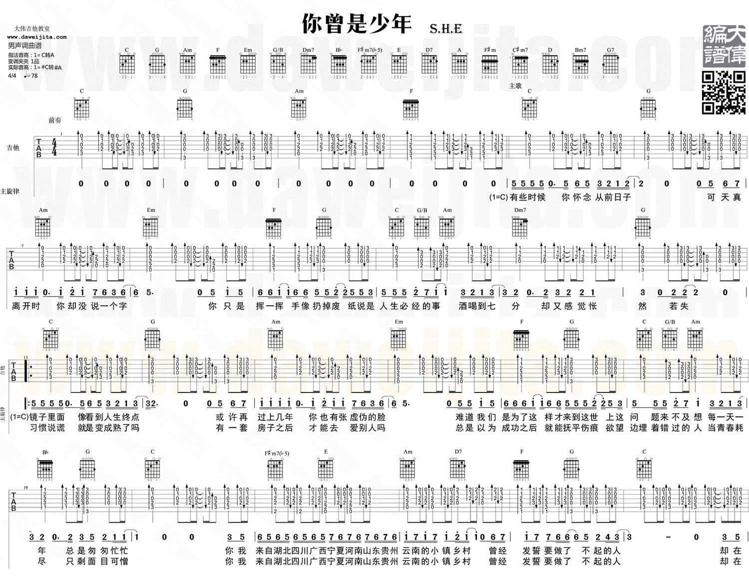 你曾是少年吉他谱 SHE 男声版六线谱1