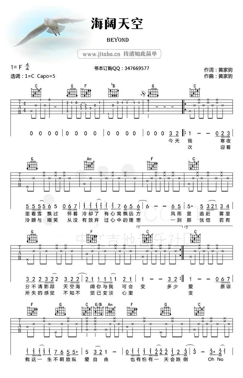 海阔天空吉他谱 C调简单版 Beyond黄家驹歌曲谱1